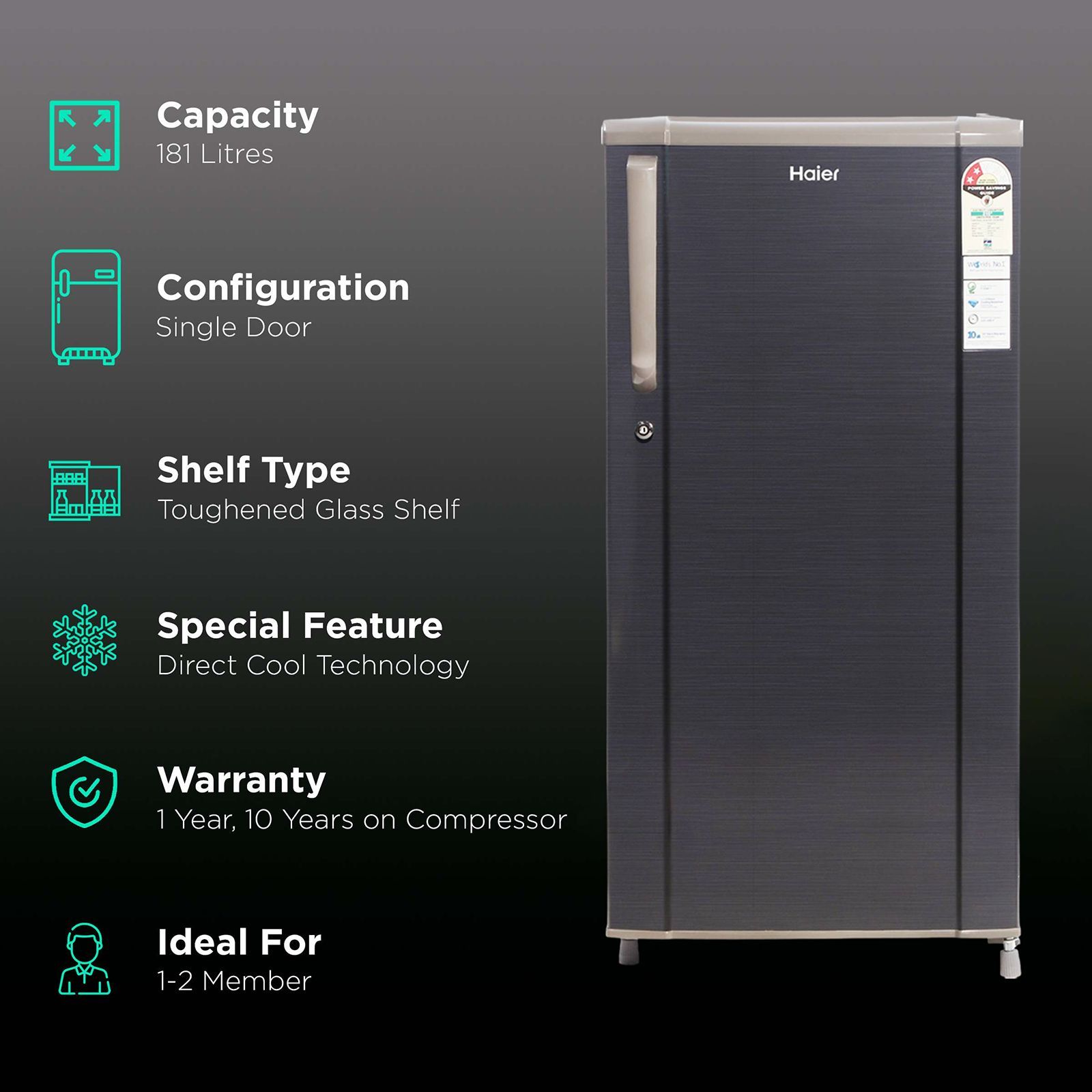 Haier 181 Liters 2 Star Direct Cool Single Door Refrigerator with Stabilizer Free Operation (HED-1812BKS-E, Black Brushline) Haier 181 Liters 2 Star Direct Cool Single Door Refrigerator with Stabilizer Free Operation (HED-1812BKS-E, Black Brushline)_2