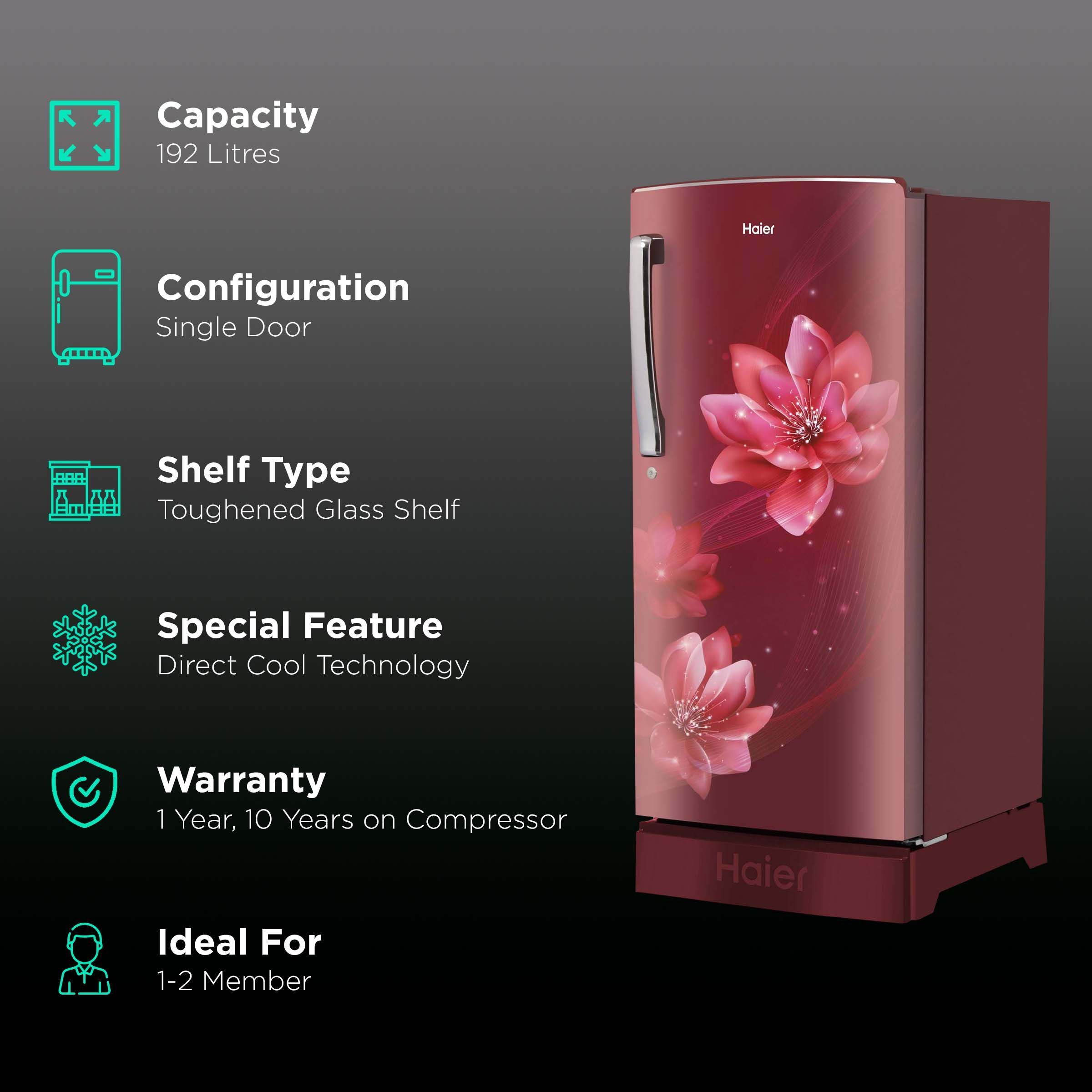 Haier 192 Liters 2 Star Direct Cool Single Door Refrigerator with Stabilizer Free Operation (HED-191TPRP, 185_2