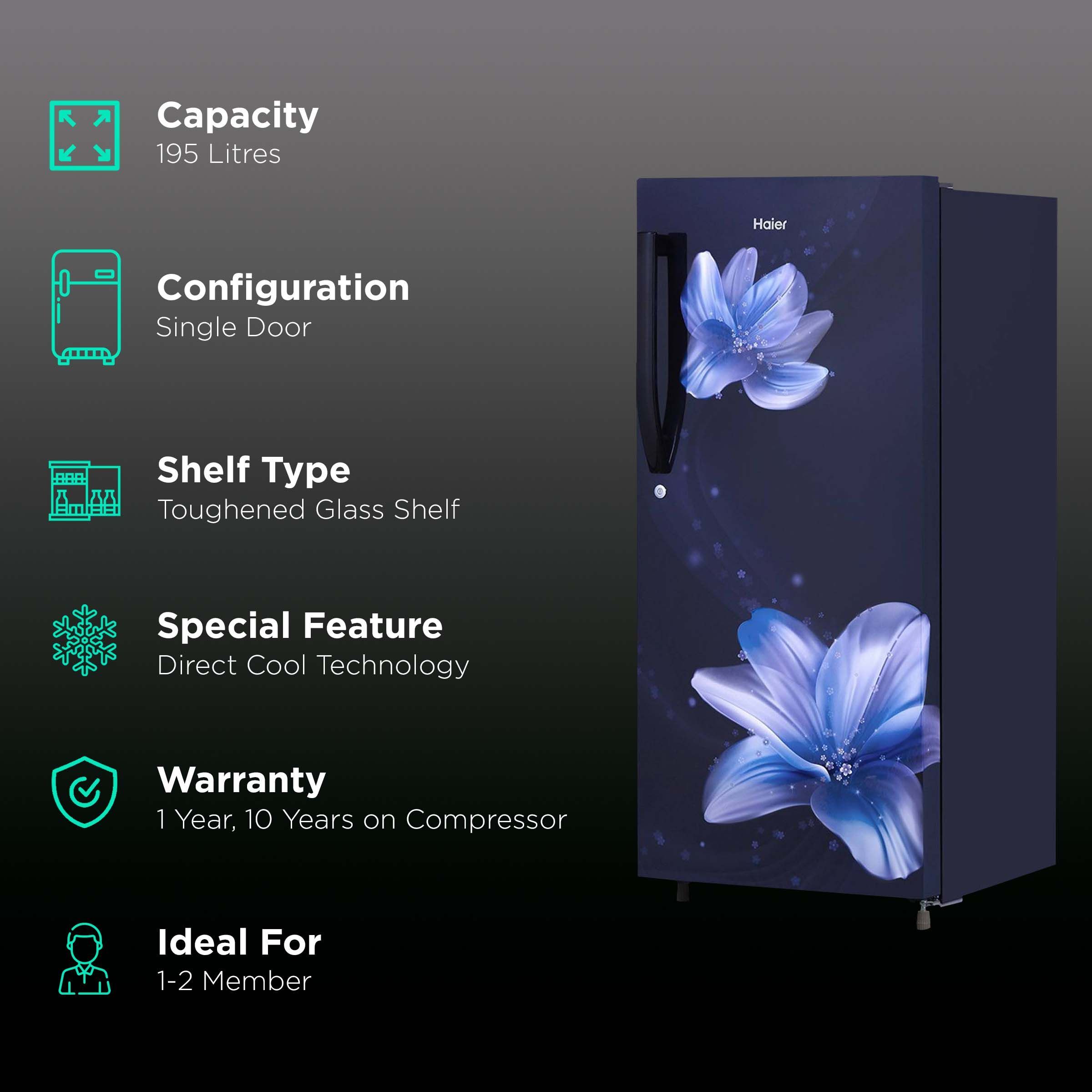 Haier 195 Liters 2 Star Direct Cool Single Door Refrigerator with Stabilizer Free Operation (HED-20TMF, Marine Serenity)_2