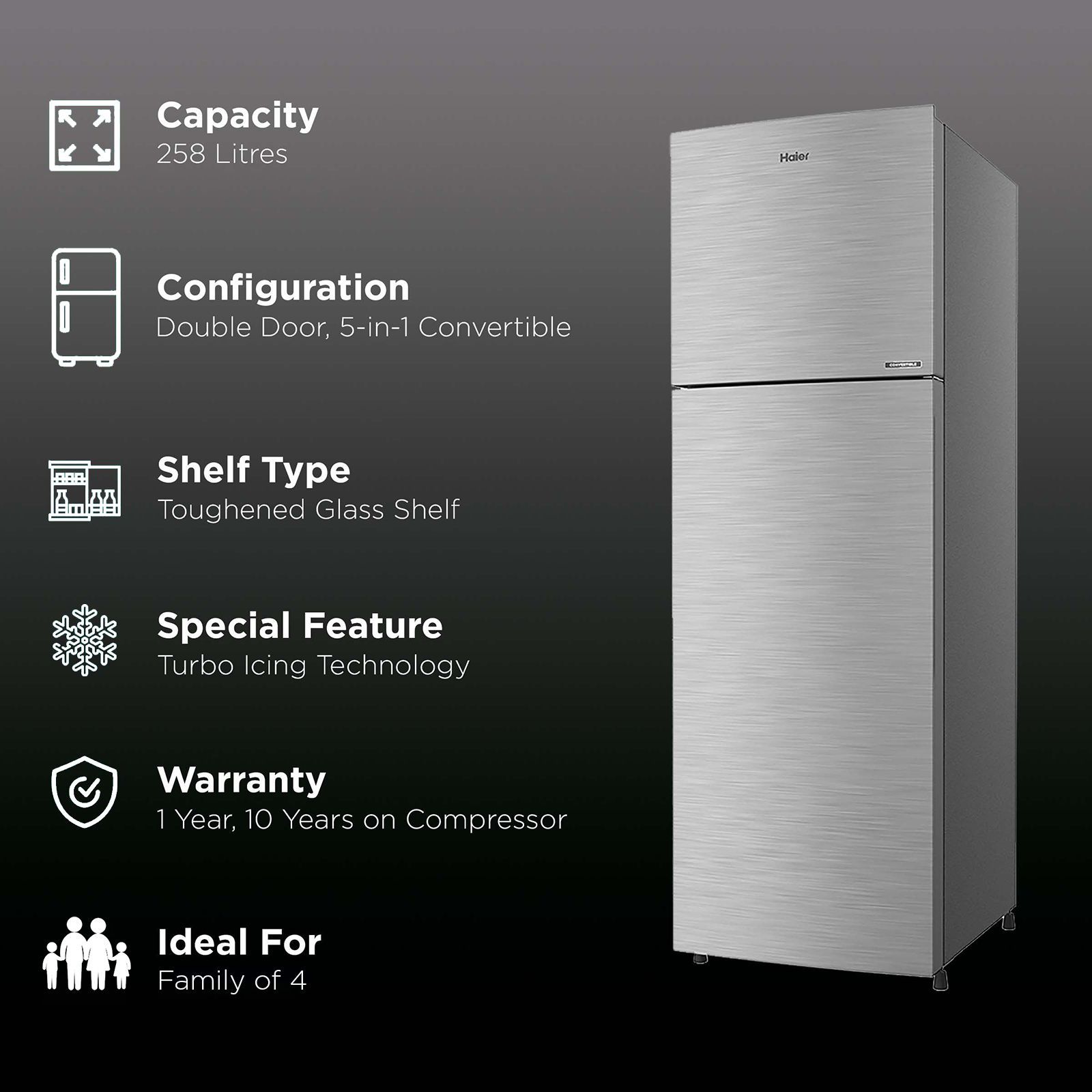 Haier 258 Litres 2 Star Frost Free Double Door Convertible Refrigerator with Turbo Icing Technology (HEF-25TDS, Dazzle Steel)_2