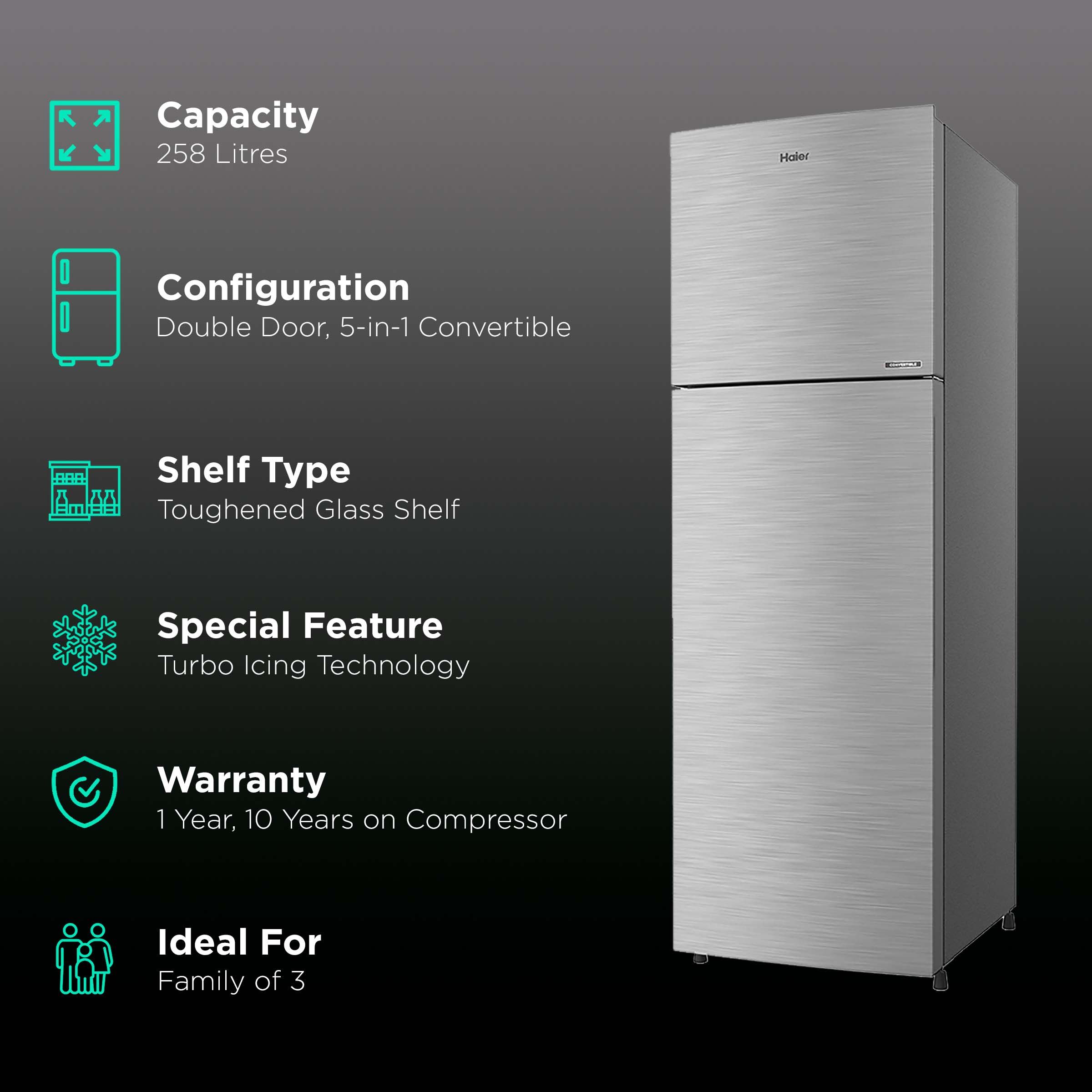 Haier 240 Litres 2 Star Frost Free Double Door Convertible Refrigerator with Turbo Icing Technology (HEF-25TDS, Dazzle Steel) Haier 240 Litres 2 Star Frost Free Double Door Convertible Refrigerator with Turbo Icing Technology (HEF-25TDS, Dazzle Steel)_2