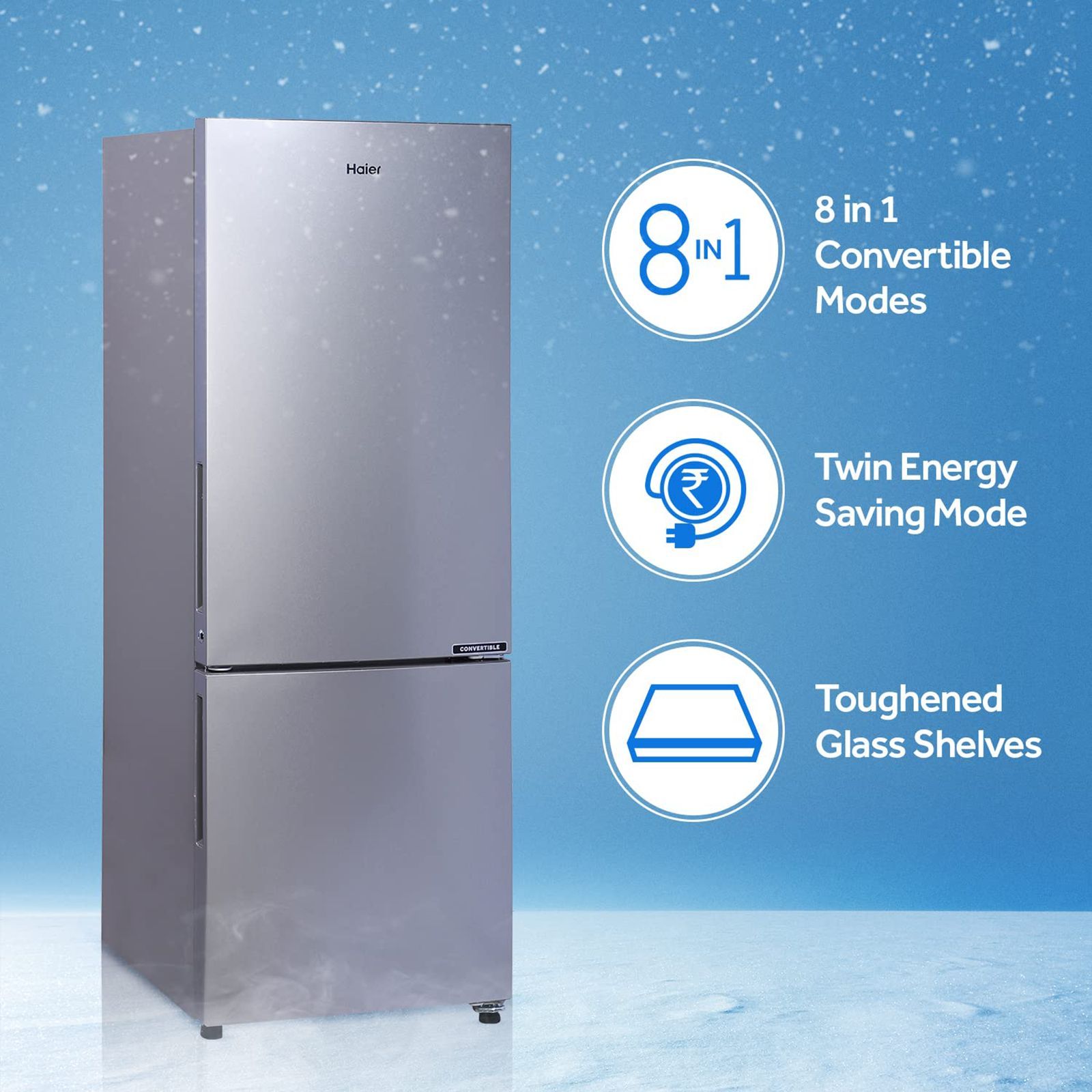 Haier 256 Litres 2 Star Frost Free Double Door Bottom Mount Convertible Refrigerator with Turbo Icing Technology (HEB-25TGS, Moon Silver)_12