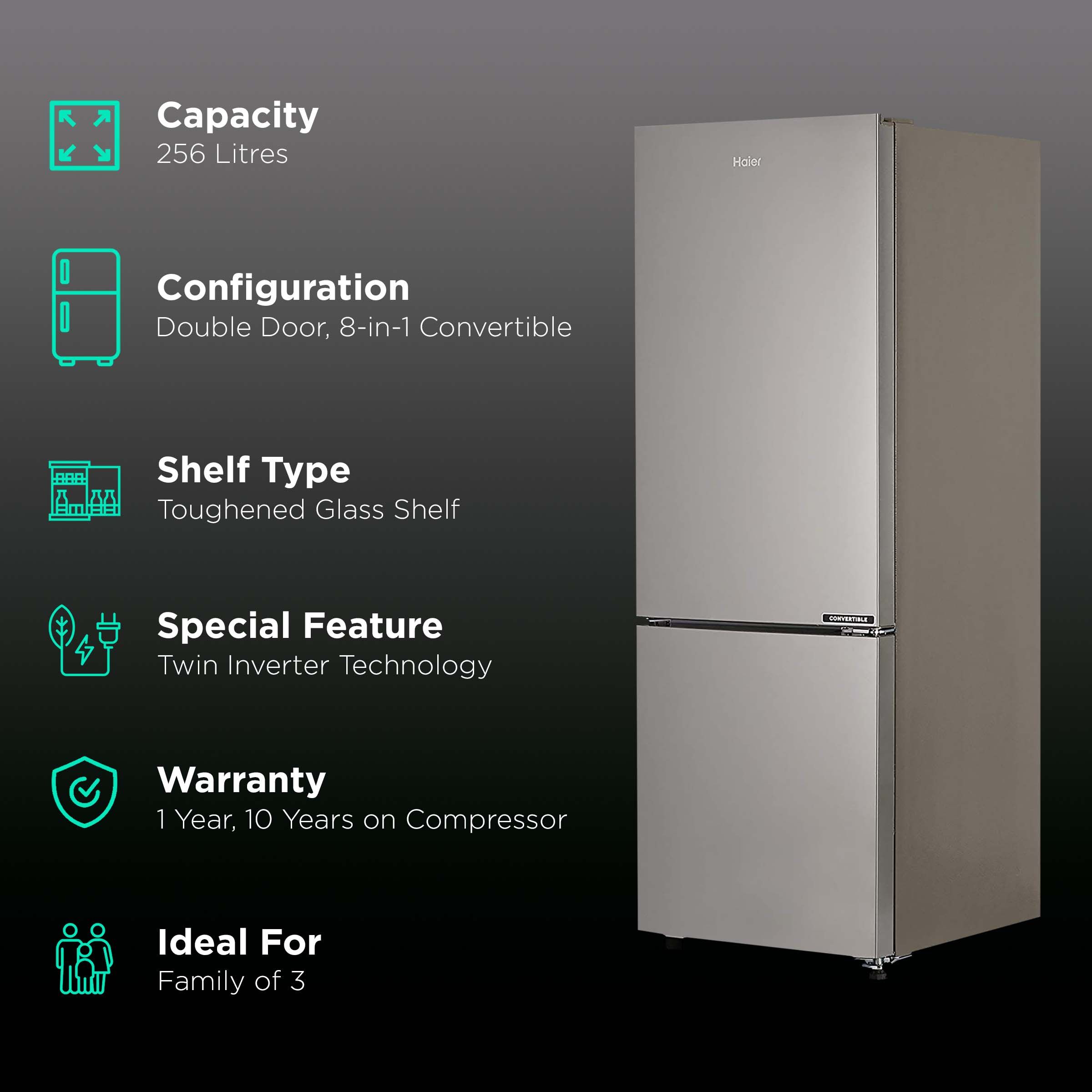 Haier 256 Litres 2 Star Frost Free Double Door Bottom Mount Convertible Refrigerator with Turbo Icing Technology (HEB-25TGS, Moon Silver)_2