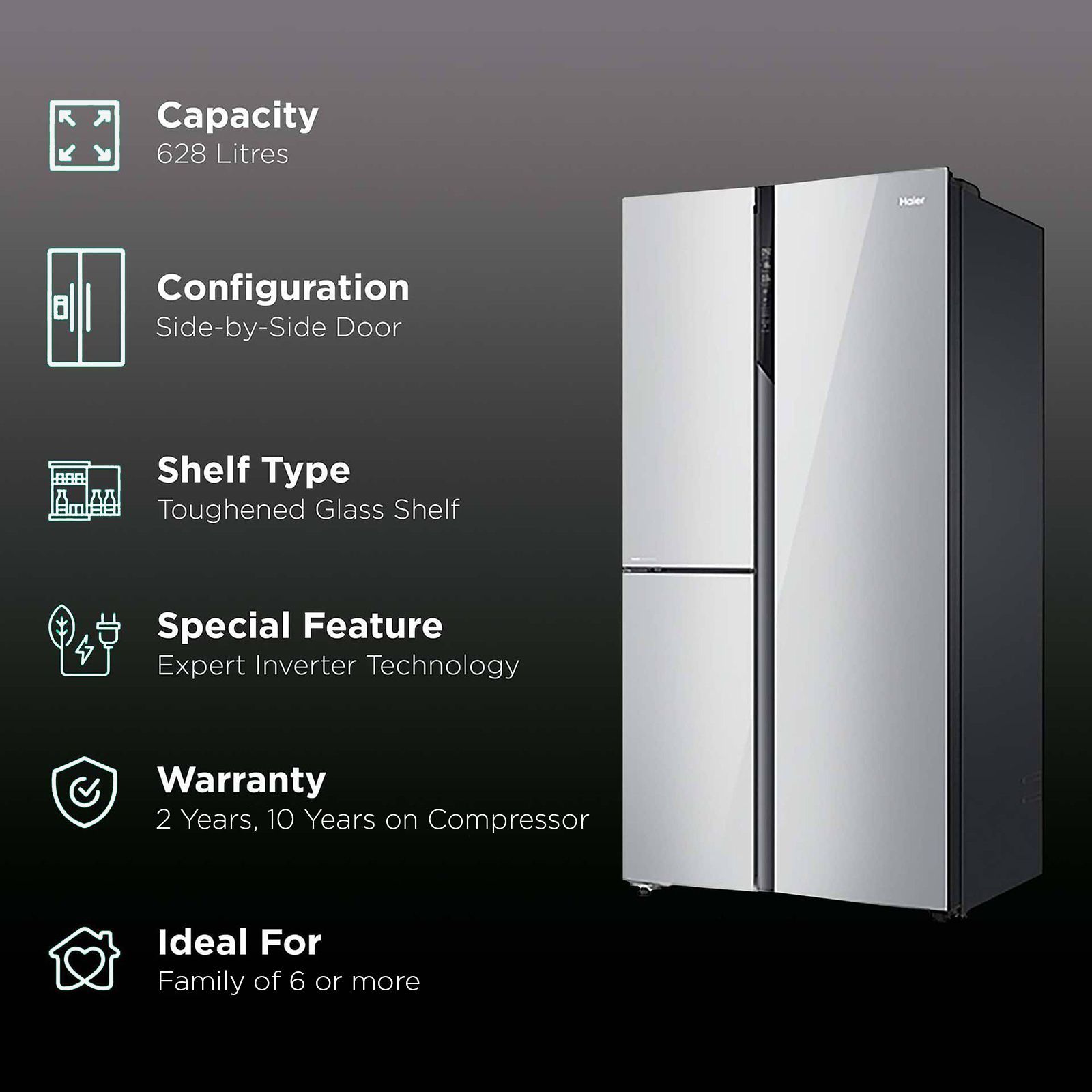 Haier 628 Litres Frost Free Side by Side Door Smart Wifi Enabled Refrigerator with Convertible Magic Zone (HRT-628PMGU1, Mirror Glass)_2