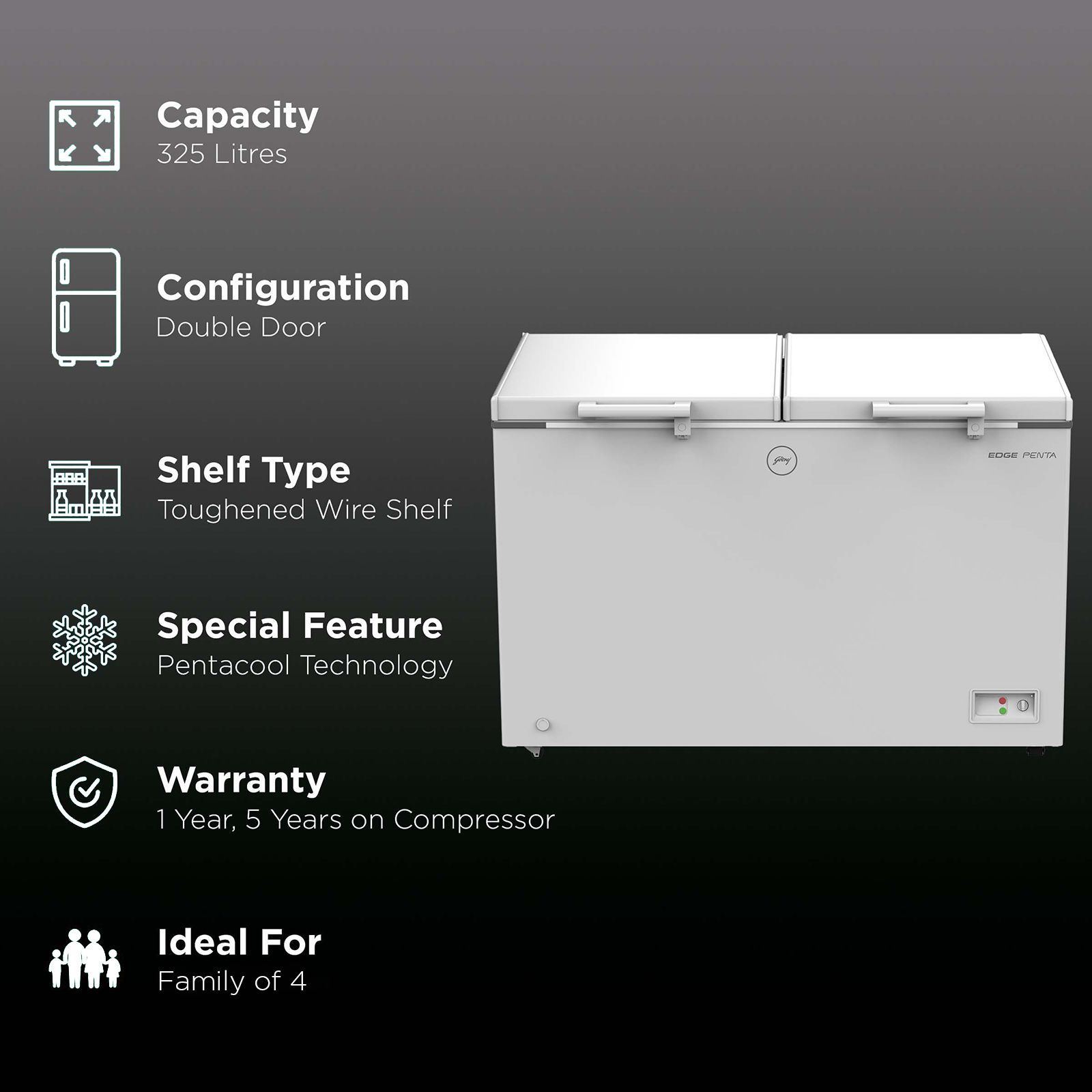 Godrej Edge Penta 300 Litres 3 Star Double Door Deep Freezer (ZOP Technology, DH EPenta 325C 31C, Royal White)_2
