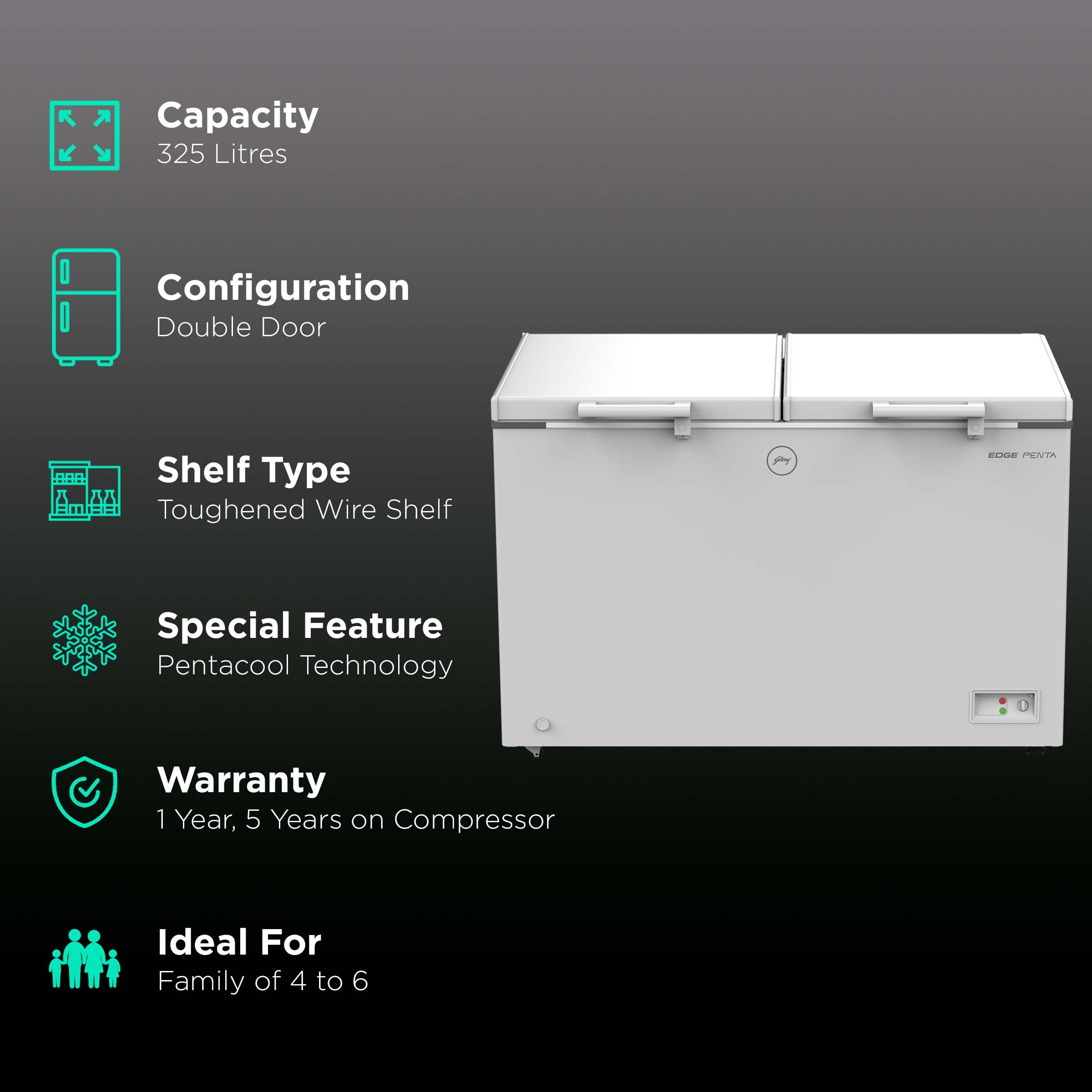 Godrej Edge Penta 300 Litres 3 Star Double Door Deep Freezer (ZOP Technology, DH EPenta 325C 31C, Royal White)_2