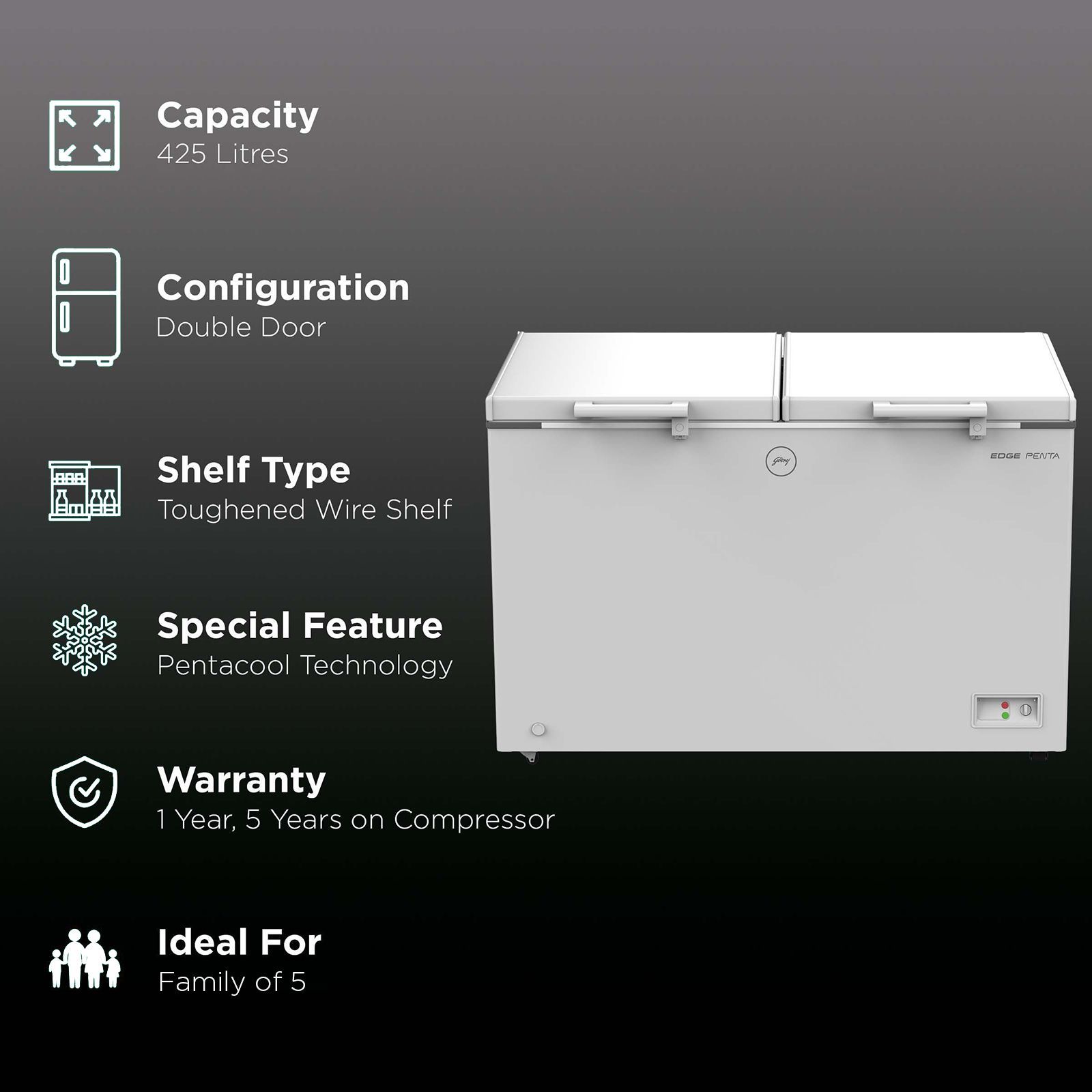 Godrej Edge Penta 425 Litres 3 Star Double Door Deep Freezer (ZOP Technology, DH EPenta 425C 31C, Royal White)_2