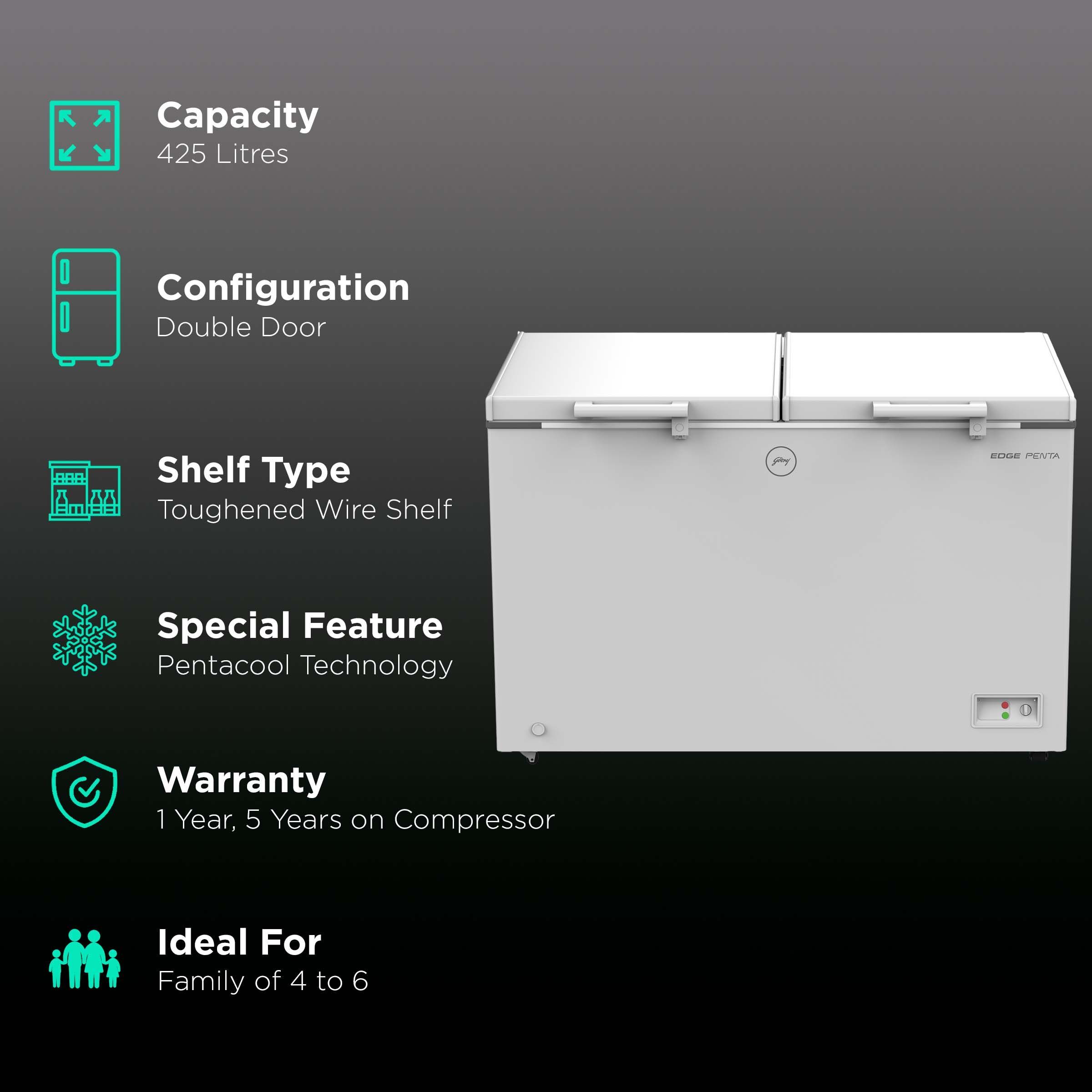 Godrej Edge Penta 425 Litres 3 Star Double Door Deep Freezer (ZOP Technology, DH EPenta 425C 31C, Royal White) Godrej Edge Penta 425 Litres 3 Star Double Door Deep Freezer (ZOP Technology, DH EPenta 425C 31C, Royal White)_2