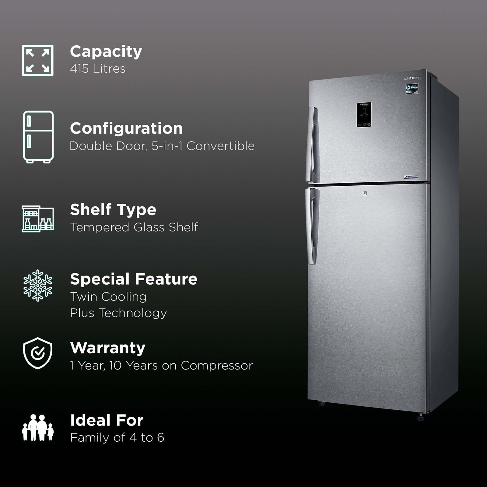 SAMSUNG 415 Litres 2 Star Frost Free Double Door Convertible Refrigerator with Twin Cooling Plus Technology (RT42B5468SL/TL, Real Stainless)_2