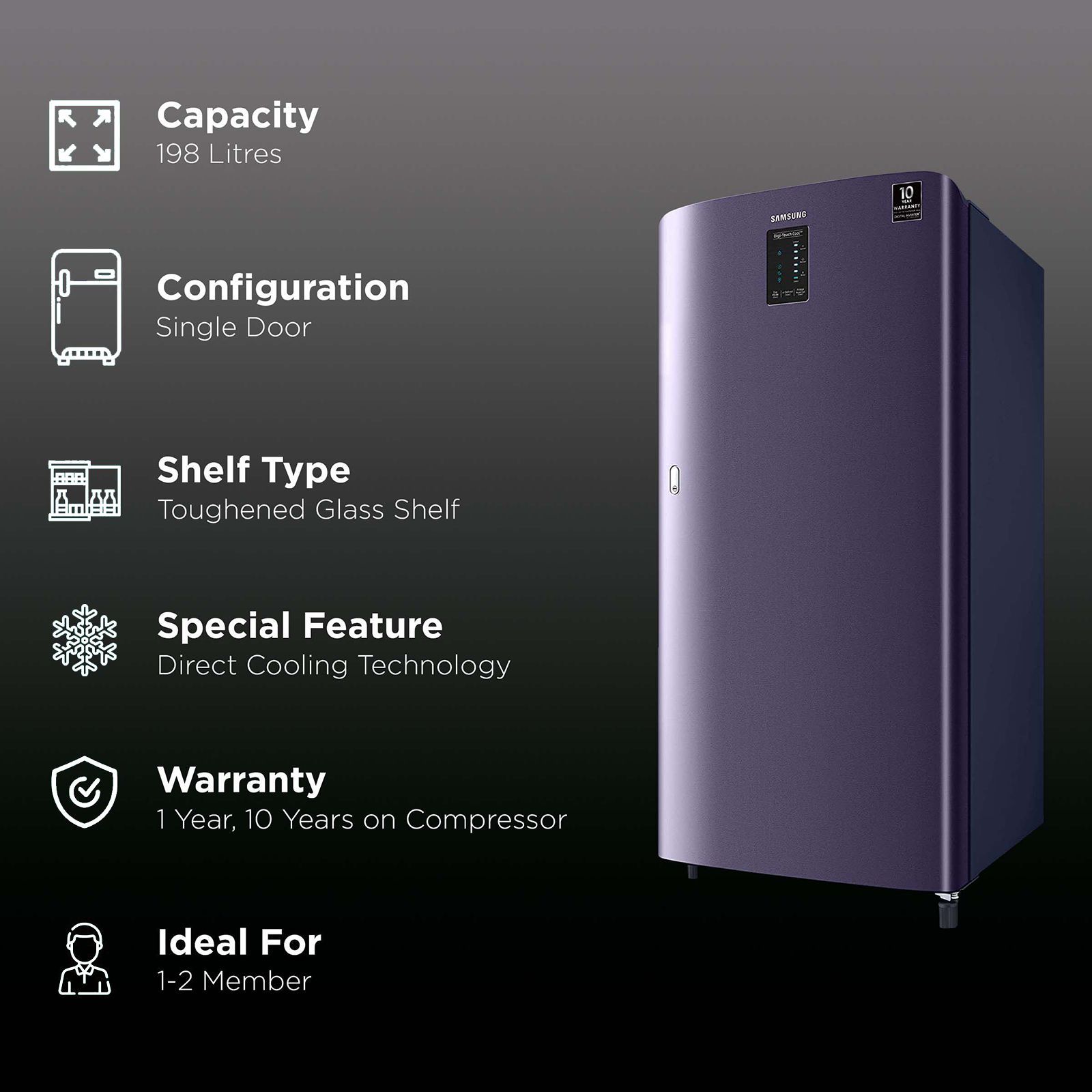 SAMSUNG 198 Liters 3 Star Direct Cool Single Door Refrigerator with Stabilizer Free Operation (RR21A2C2YUT/HL, Pebble Blue)_2