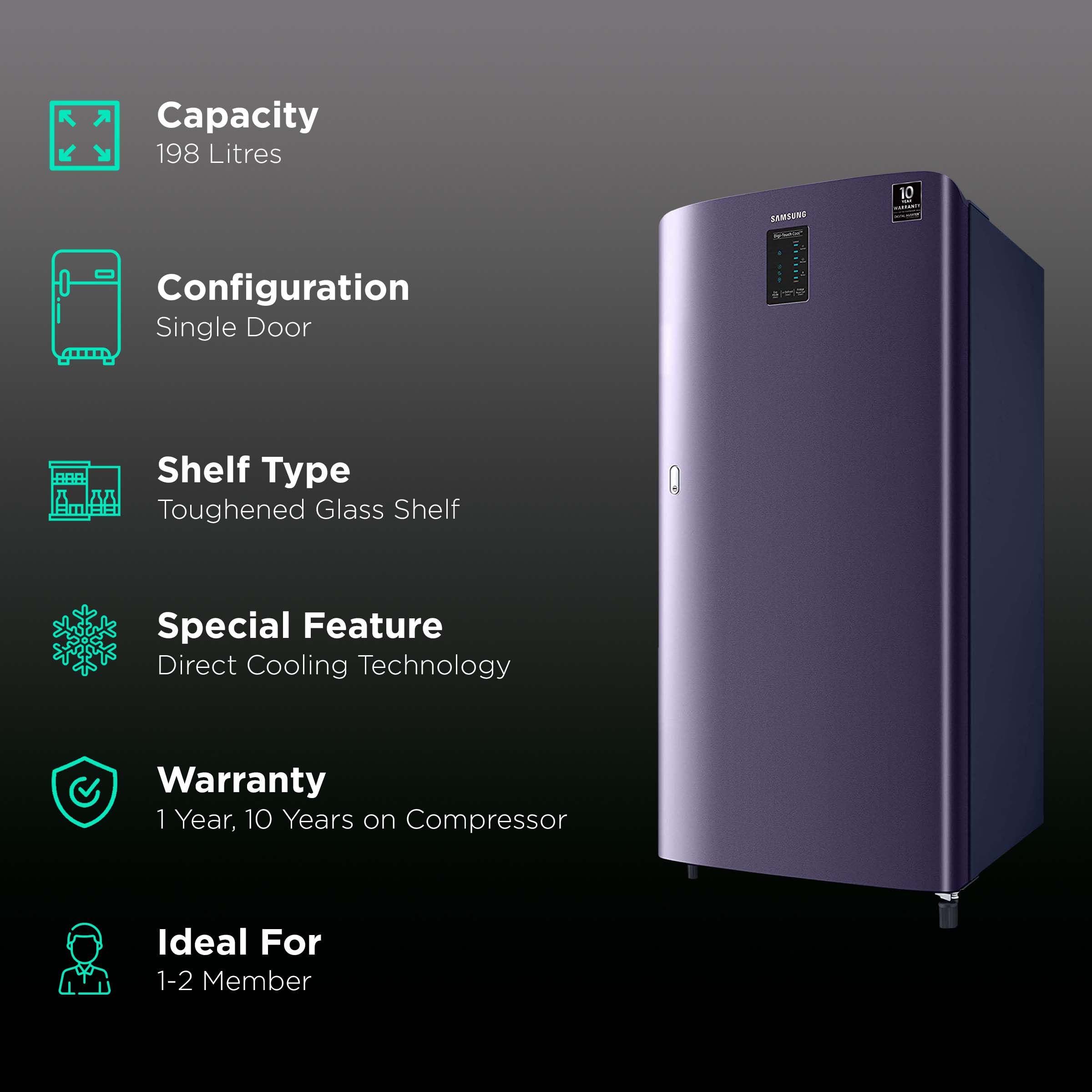 SAMSUNG 198 Liters 3 Star Direct Cool Single Door Refrigerator with Stabilizer Free Operation (RR21A2C2YUT/HL, Pebble Blue) SAMSUNG 198 Liters 3 Star Direct Cool Single Door Refrigerator with Stabilizer Free Operation (RR21A2C2YUT/HL, Pebble Blue)_2