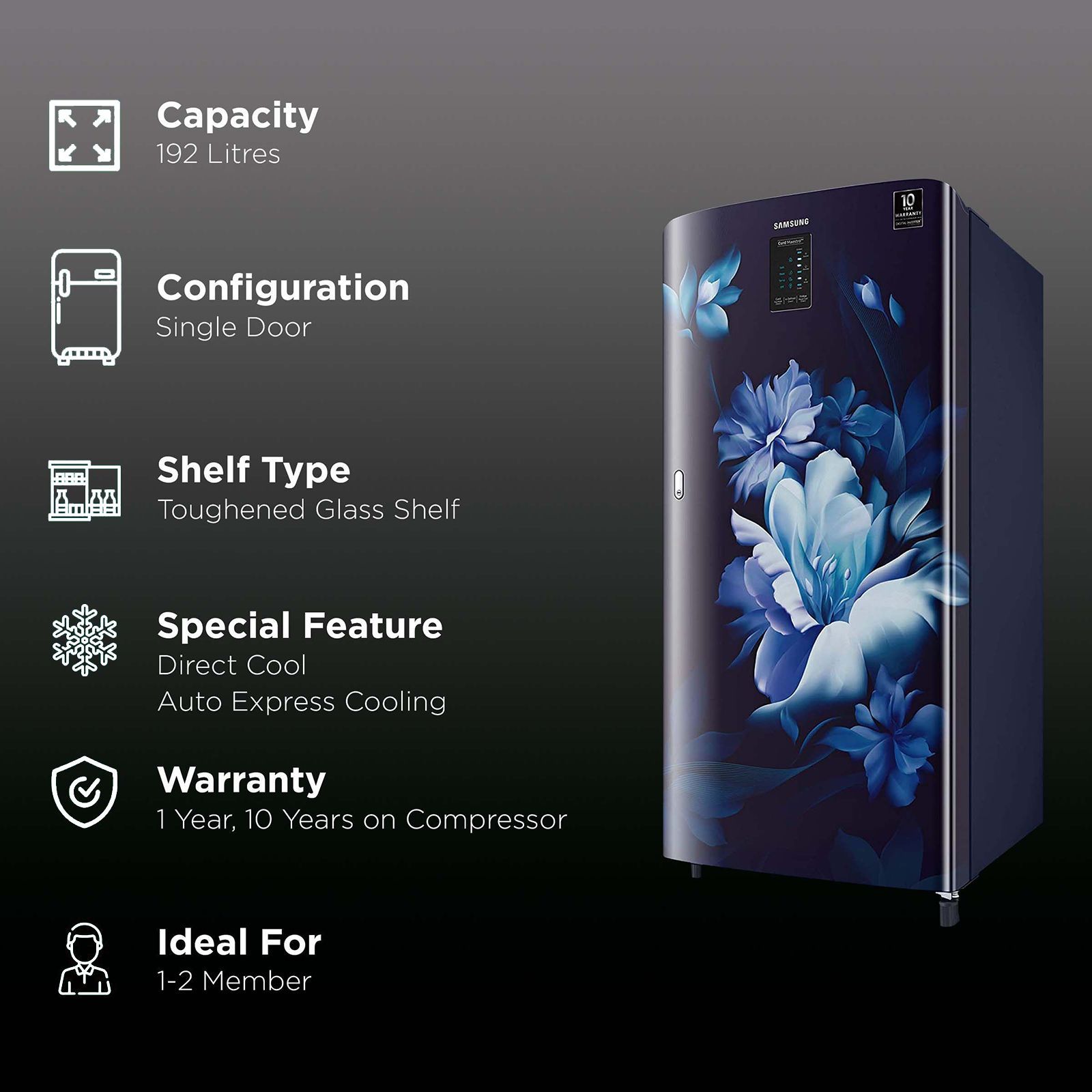 SAMSUNG 192 Liters 4 Star Direct Cool Single Door Refrigerator with Curd Maestro (RR21A2M2XUZ/HL, Midnight Blossom Blue)_2