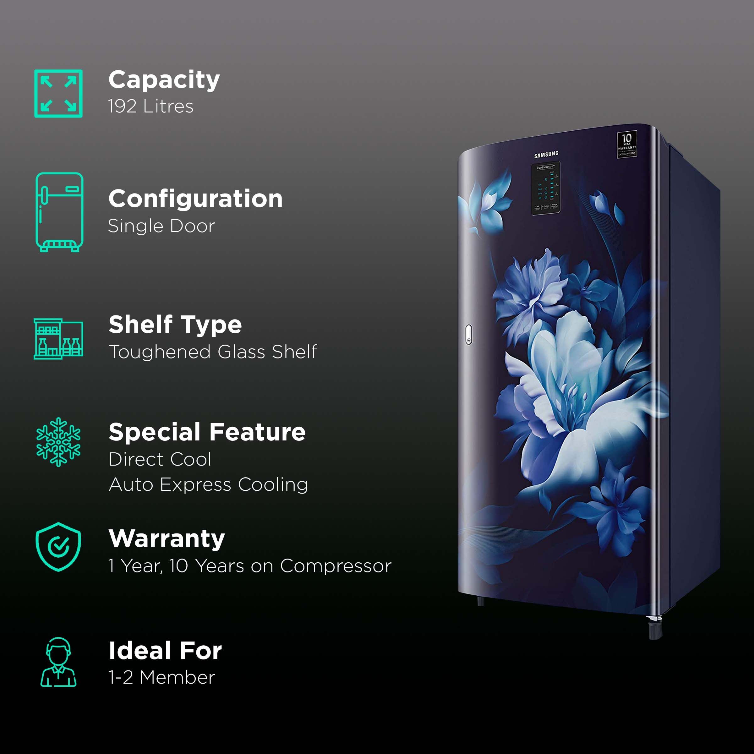 SAMSUNG 192 Liters 4 Star Direct Cool Single Door Refrigerator with Curd Maestro (RR21A2M2XUZ/HL, Midnight Blossom Blue) SAMSUNG 192 Liters 4 Star Direct Cool Single Door Refrigerator with Curd Maestro (RR21A2M2XUZ/HL, Midnight Blossom Blue)_2