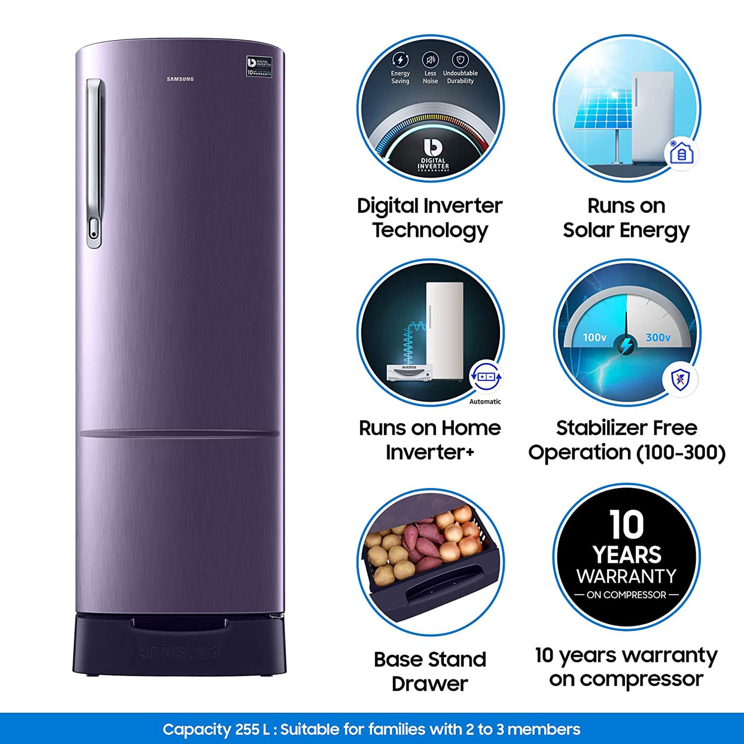 SAMSUNG 255 Liters 3 Star Direct Cool Single Door Refrigerator with Runs on Solar Energy (RR26T389YUT/HL, Pebble Blue)_18