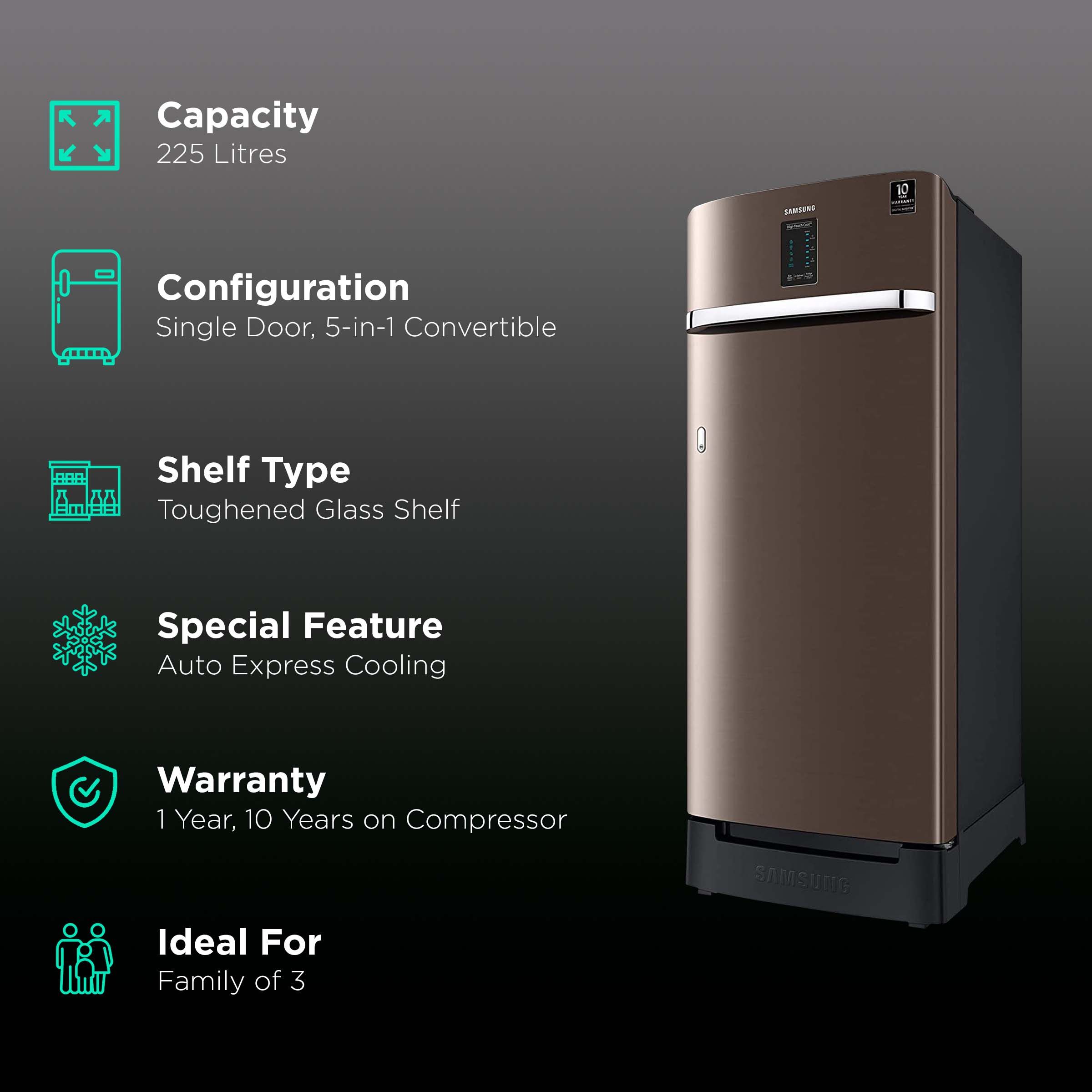 SAMSUNG 225 Liters 5 Star Direct Cool Single Door Refrigerator with Stabilizer Free Operation (RR23A2F3WDX/HL, Luxe Brown) SAMSUNG 225 Liters 5 Star Direct Cool Single Door Refrigerator with Stabilizer Free Operation (RR23A2F3WDX/HL, Luxe Brown)_2