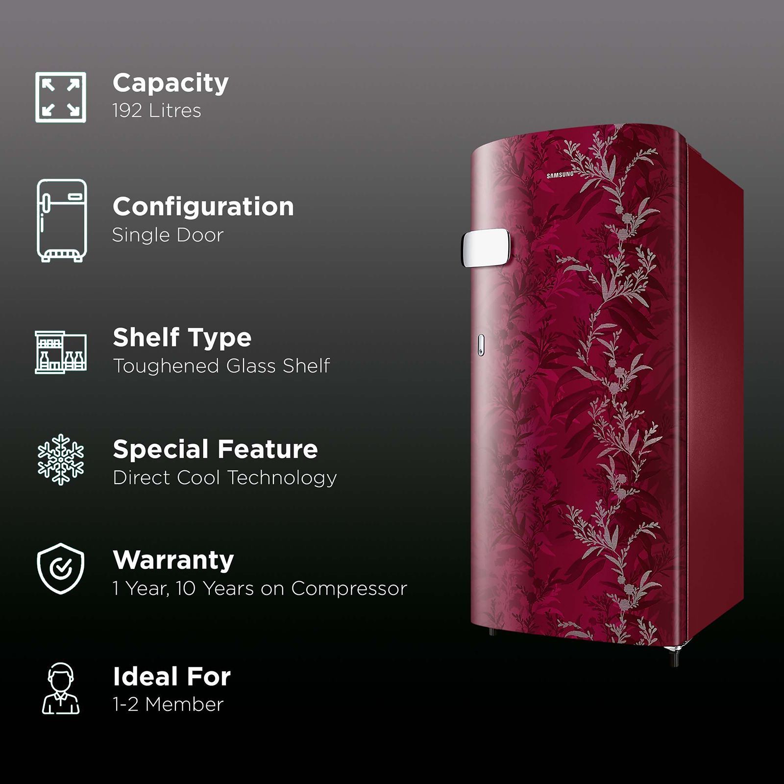 SAMSUNG 192 Liters 2 Star Direct Cool Single Door Refrigerator with Anti-Bacteria Gasket (RR19A2Y2B6R/NL, Mystic Overlay Red)_2