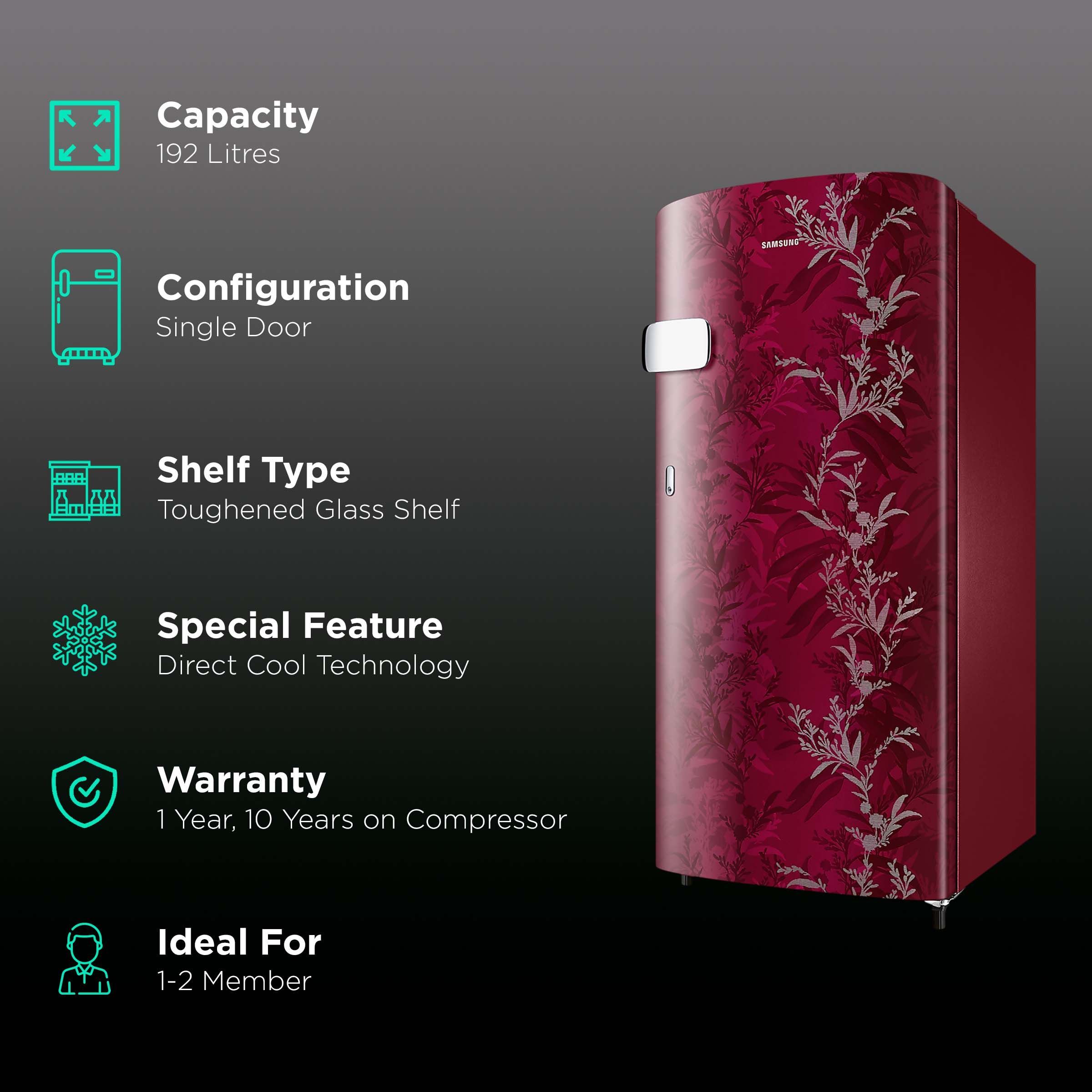 SAMSUNG 192 Liters 2 Star Direct Cool Single Door Refrigerator with Anti-Bacteria Gasket (RR19A2Y2B6R/NL, Mystic Overlay Red)_2