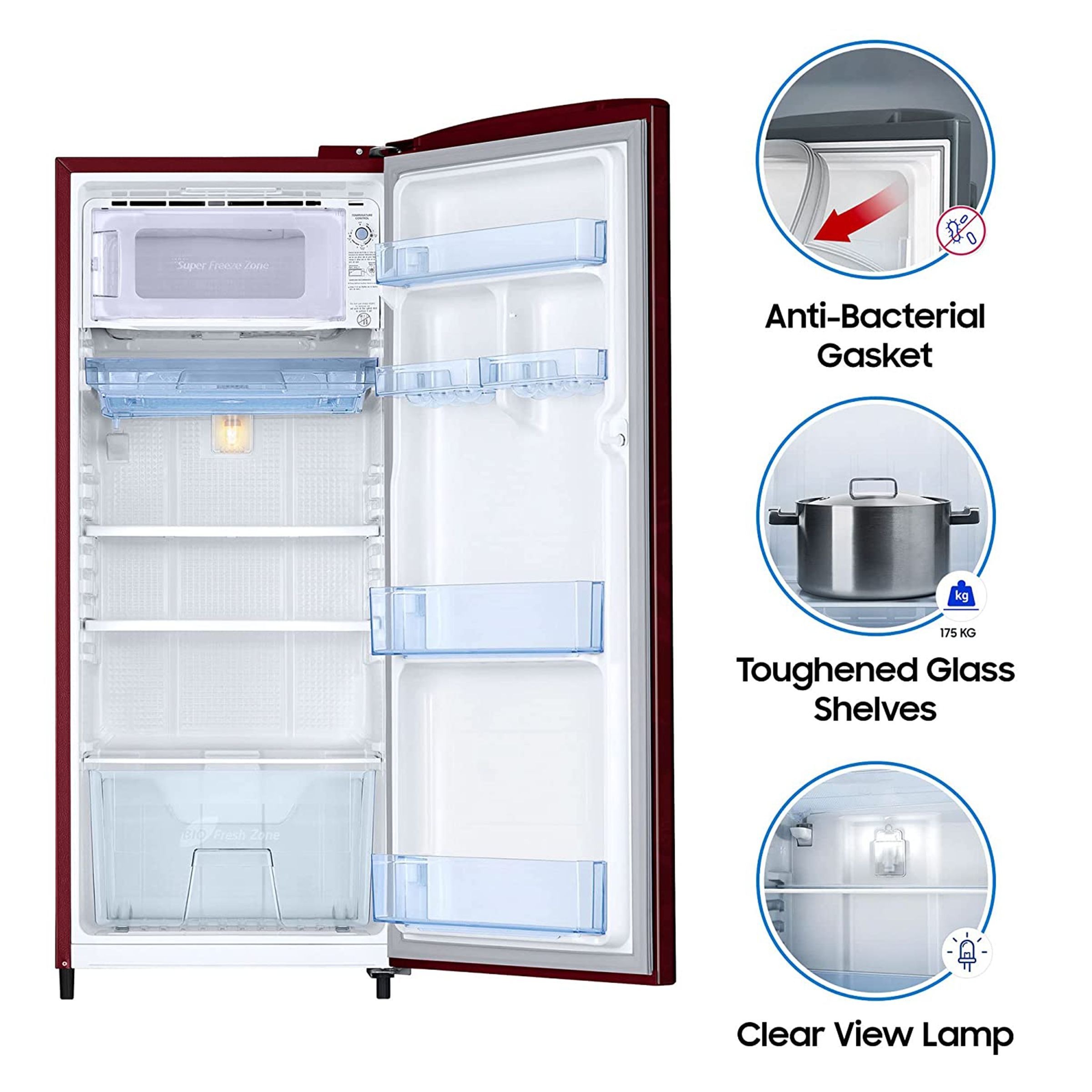 SAMSUNG 192 Liters 2 Star Direct Cool Single Door Refrigerator with Anti-Bacteria Gasket (RR19A2Y2B6R/NL, Mystic Overlay Red)_19