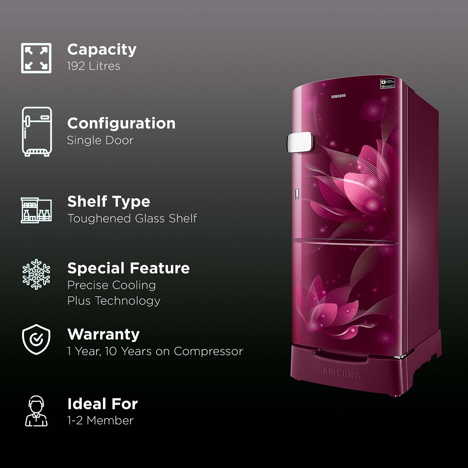 SAMSUNG 192 Liters 3 Star Direct Cool Single Door Refrigerator with Anti-Bacteria Gasket (RR20A1Z2YR8/HL, Blooming Saffron Red)_2