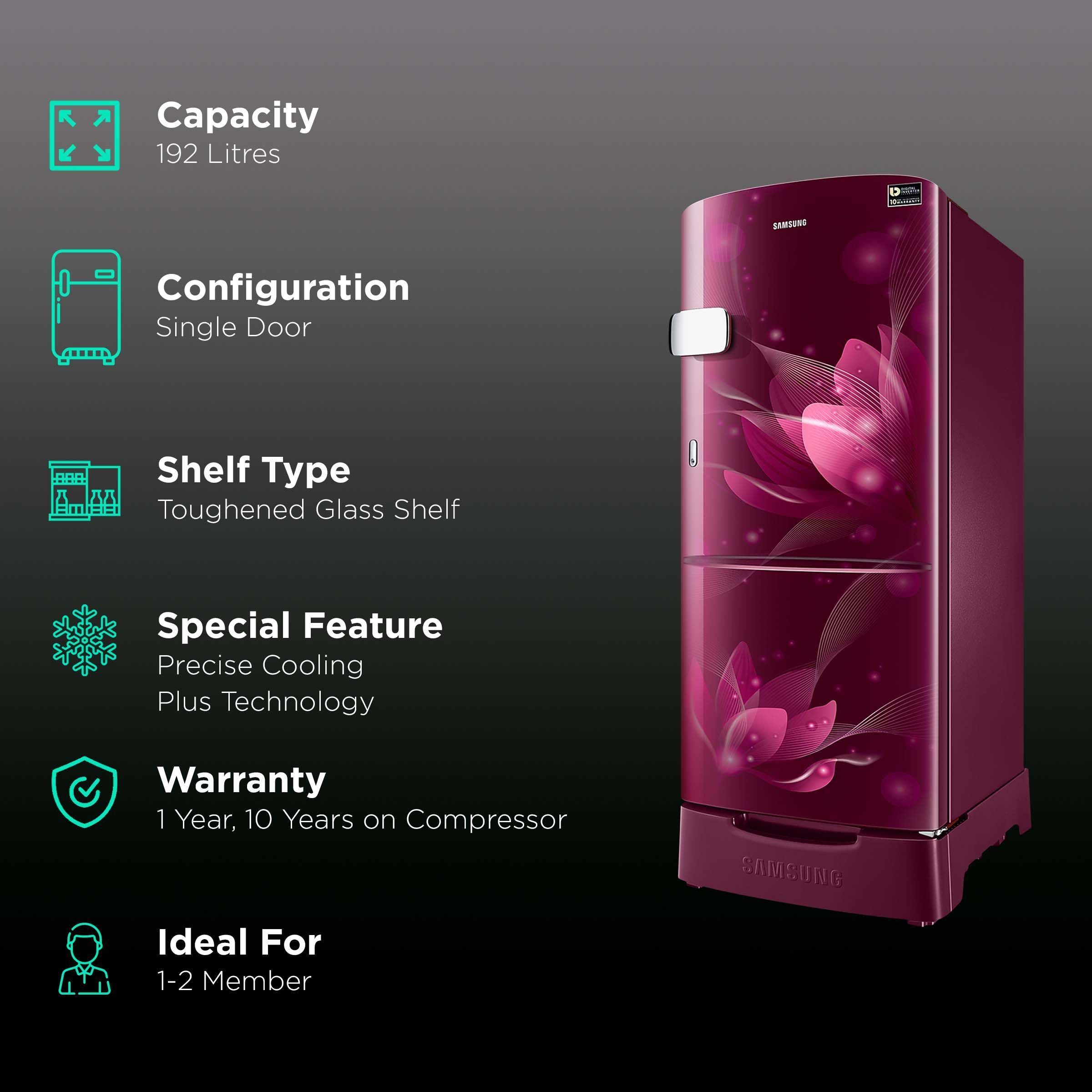 SAMSUNG 192 Liters 3 Star Direct Cool Single Door Refrigerator with Anti-Bacteria Gasket (RR20A1Z2YR8/HL, Blooming Saffron Red)_2