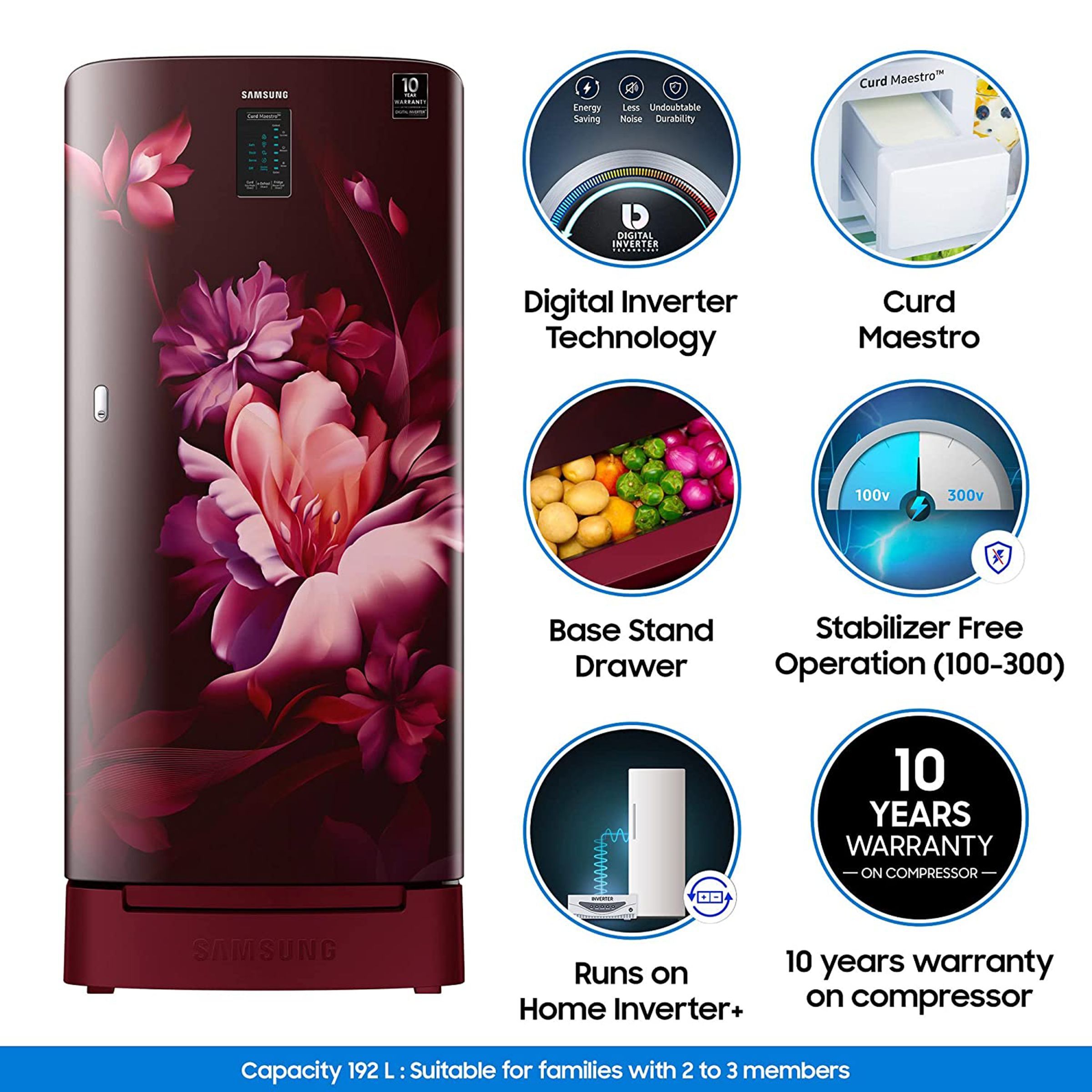 SAMSUNG 192 Liters 4 Star Direct Cool Single Door Refrigerator with Stabilizer Free Operation (RR21A2N2XRZ/HL, Midnight Blossom Red) SAMSUNG 192 Liters 4 Star Direct Cool Single Door Refrigerator with Stabilizer Free Operation (RR21A2N2XRZ/HL, Midnight Blossom Red)_17