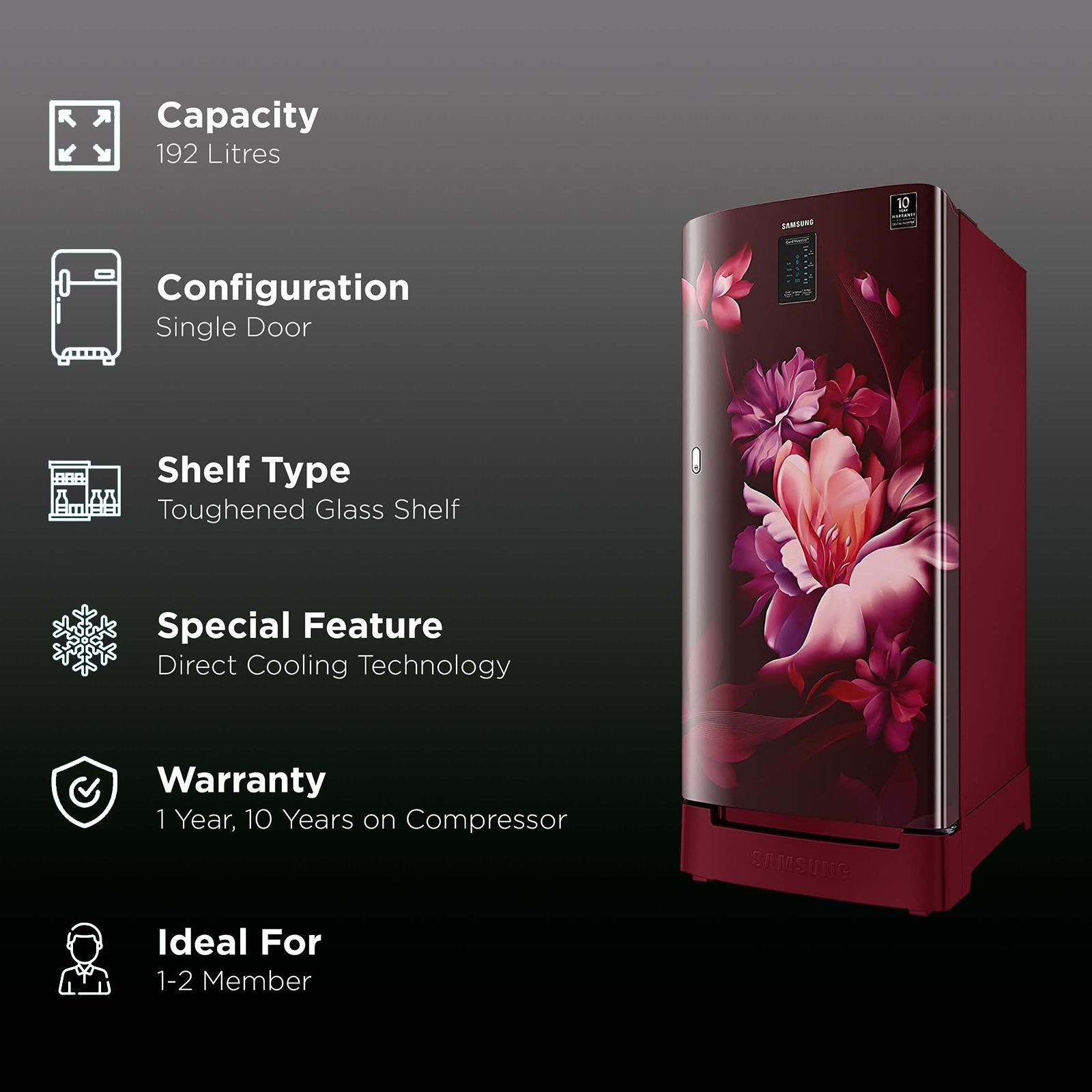 SAMSUNG 192 Liters 4 Star Direct Cool Single Door Refrigerator with Stabilizer Free Operation (RR21A2N2XRZ/HL, Midnight Blossom Red) SAMSUNG 192 Liters 4 Star Direct Cool Single Door Refrigerator with Stabilizer Free Operation (RR21A2N2XRZ/HL, Midnight Blossom Red)_2