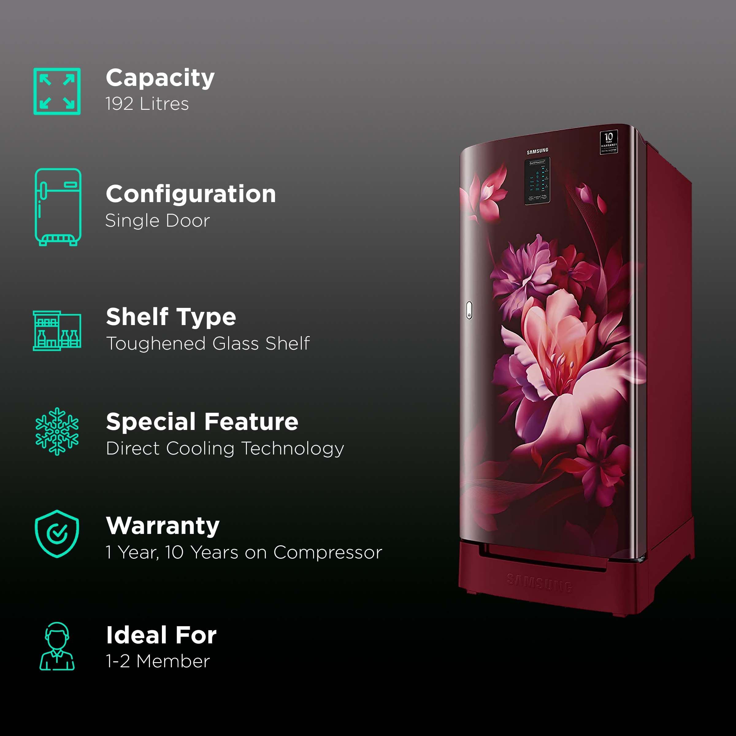 SAMSUNG 192 Liters 4 Star Direct Cool Single Door Refrigerator with Stabilizer Free Operation (RR21A2N2XRZ/HL, Midnight Blossom Red) SAMSUNG 192 Liters 4 Star Direct Cool Single Door Refrigerator with Stabilizer Free Operation (RR21A2N2XRZ/HL, Midnight Blossom Red)_2