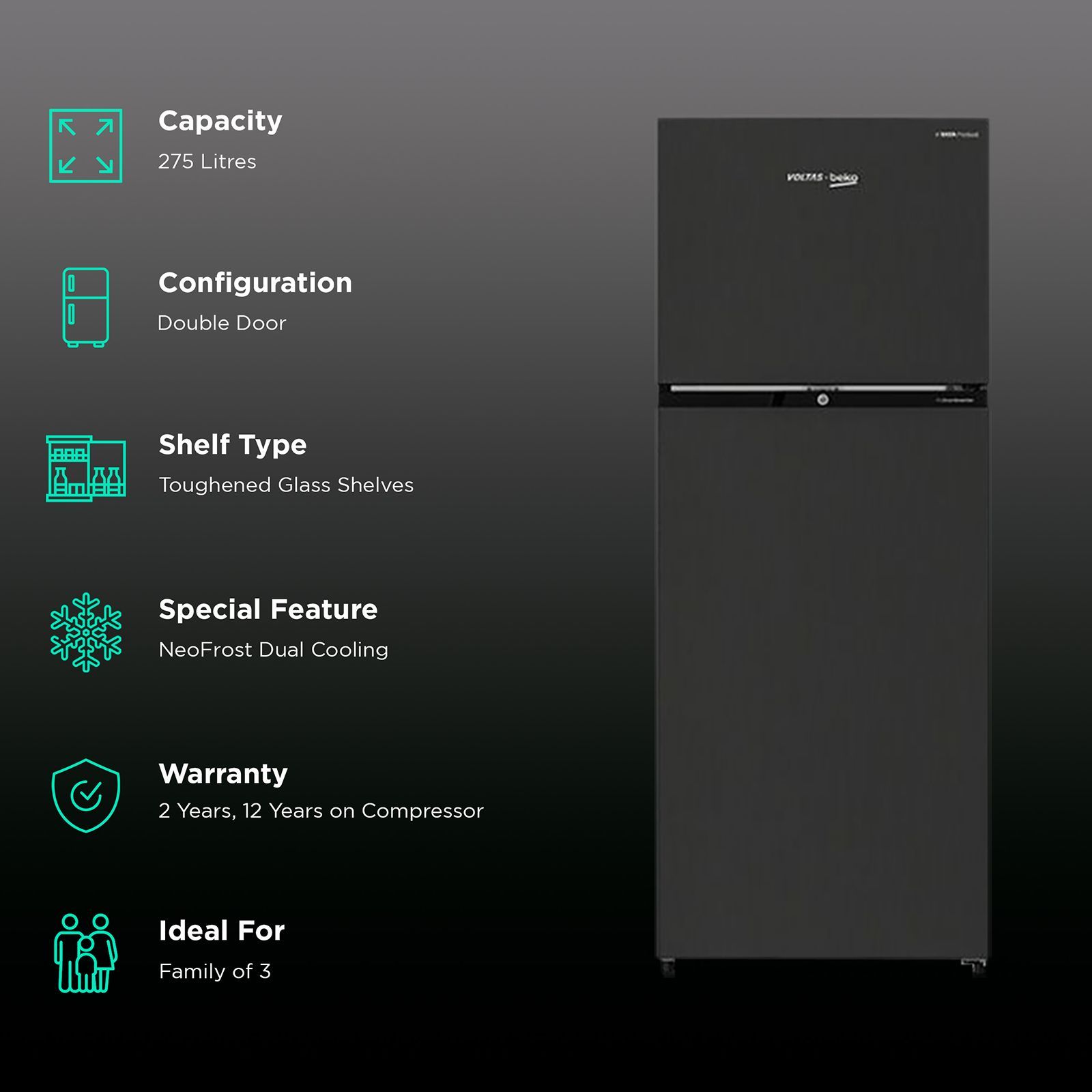 VOLTAS beko 275 Litres 2 Star Frost Free Double Door Refrigerator with NeoFrost Dual Cooling (RFF295D60/XBRXDIXXX/D60275, Wooden Black)_2