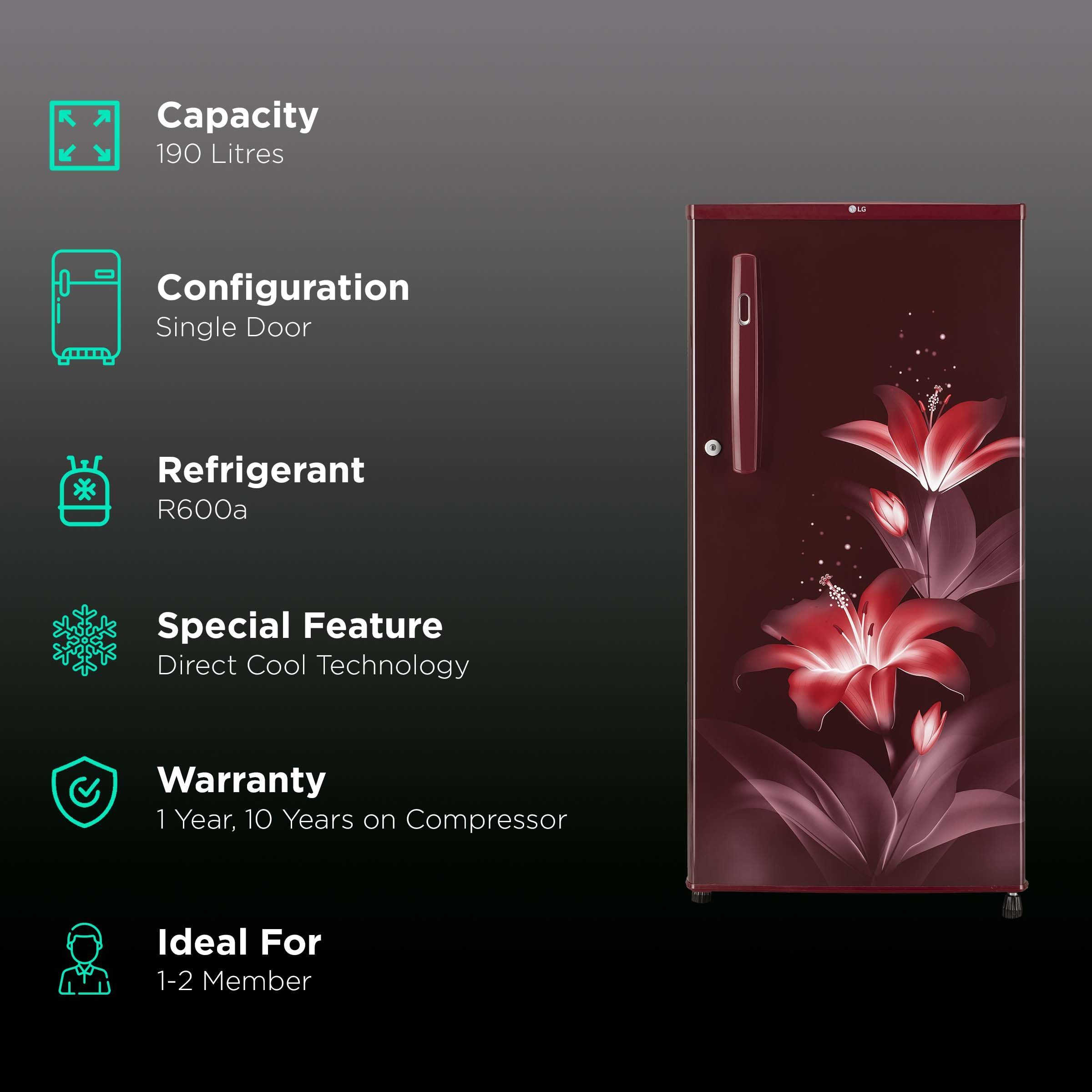 LG 190 Liters 2 Star Direct Cool Single Door Refrigerator with Deodorizing Filter (GL-B199ORGC.ARGZEB, Ruby Glow) LG 190 Liters 2 Star Direct Cool Single Door Refrigerator with Deodorizing Filter (GL-B199ORGC.ARGZEB, Ruby Glow)_2
