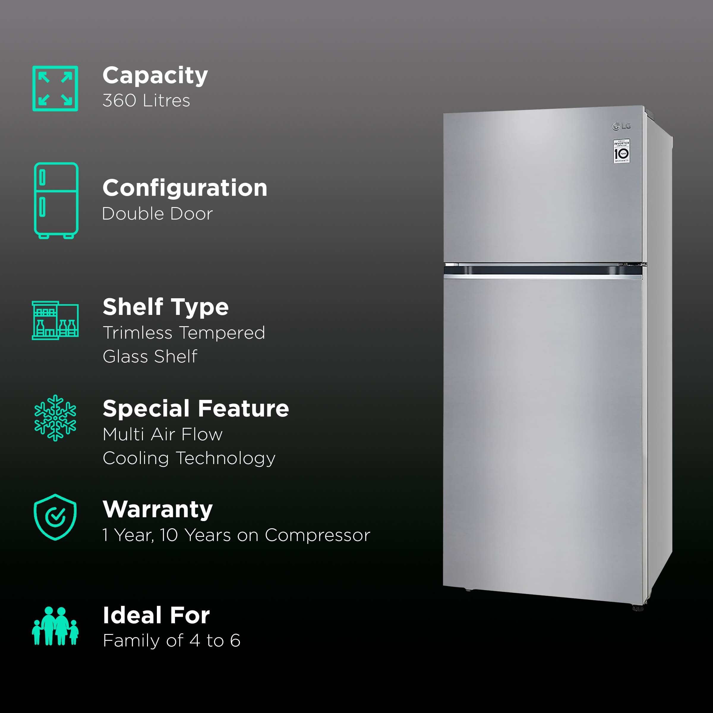 LG 360 Litres 2 Star Frost Free Double Door Refrigerator with Anti-Bacteria Gasket (GL-N382SDSY.ADSZEB, Dazzle Steel)_2