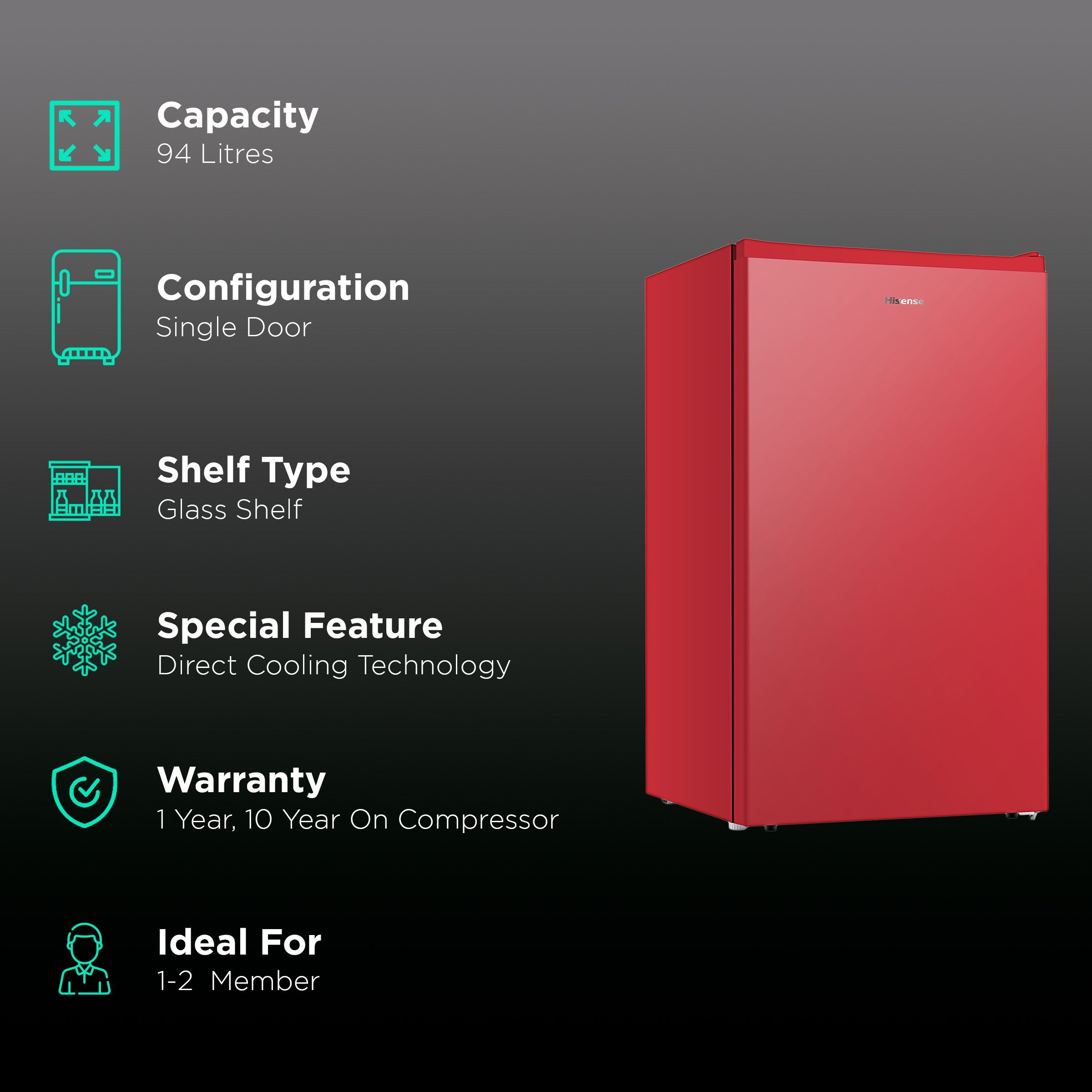 Hisense 94 Litres 2 Star Direct Cool Single Door Refrigerator with 2 Liters Beverage Storage (RR94D4SRN, Red) Hisense 94 Litres 2 Star Direct Cool Single Door Refrigerator with 2 Liters Beverage Storage (RR94D4SRN, Red)_2