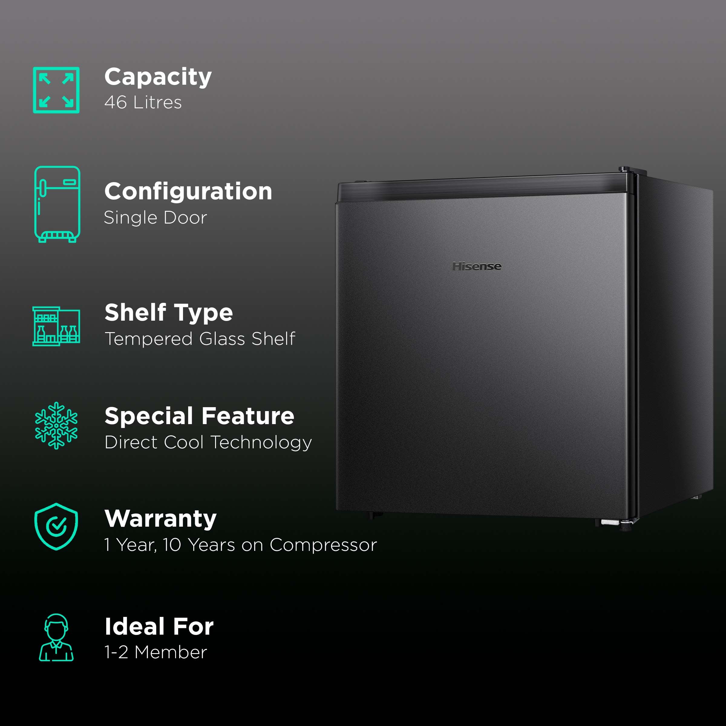 Hisense 46 Liters 2 Star Direct Cool Single Door Refrigerator with Reversible Door (RR46D4SBN, Black)_2