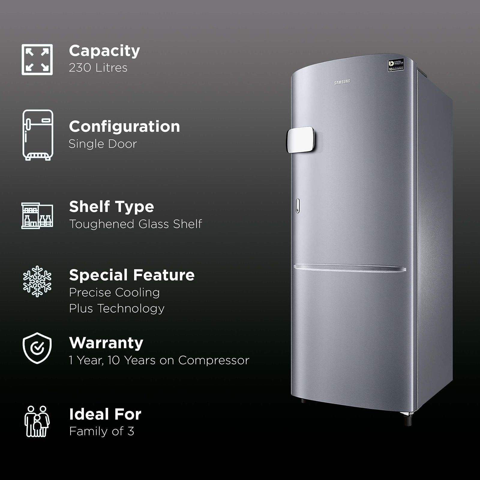 SAMSUNG 230 Liters 3 Star Direct Cool Single Door Refrigerator with Stabilizer Free Operation (RR24A2Y2YS8/NL, Elegant Inox)_2