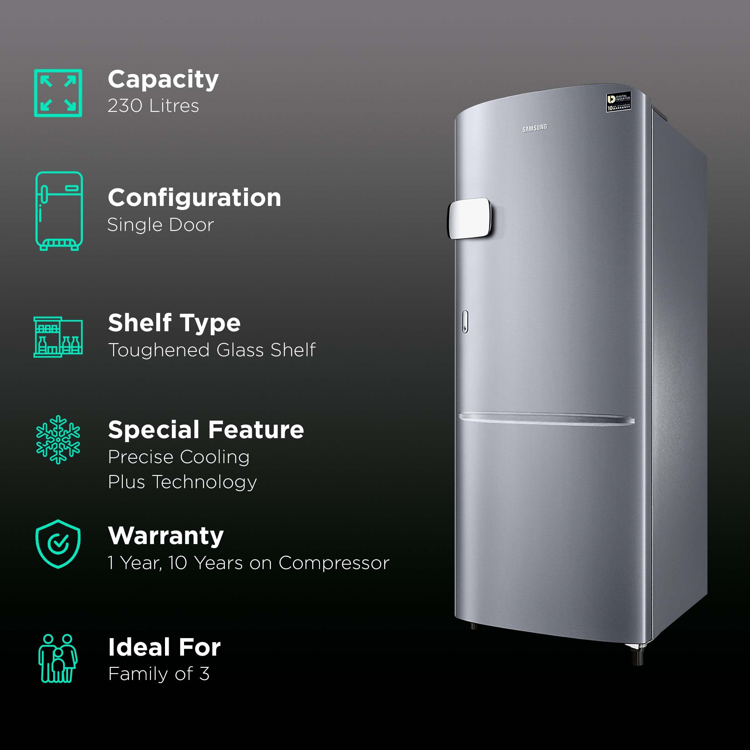 SAMSUNG 230 Liters 3 Star Direct Cool Single Door Refrigerator with Stabilizer Free Operation (RR24A2Y2YS8/NL, Elegant Inox)_2