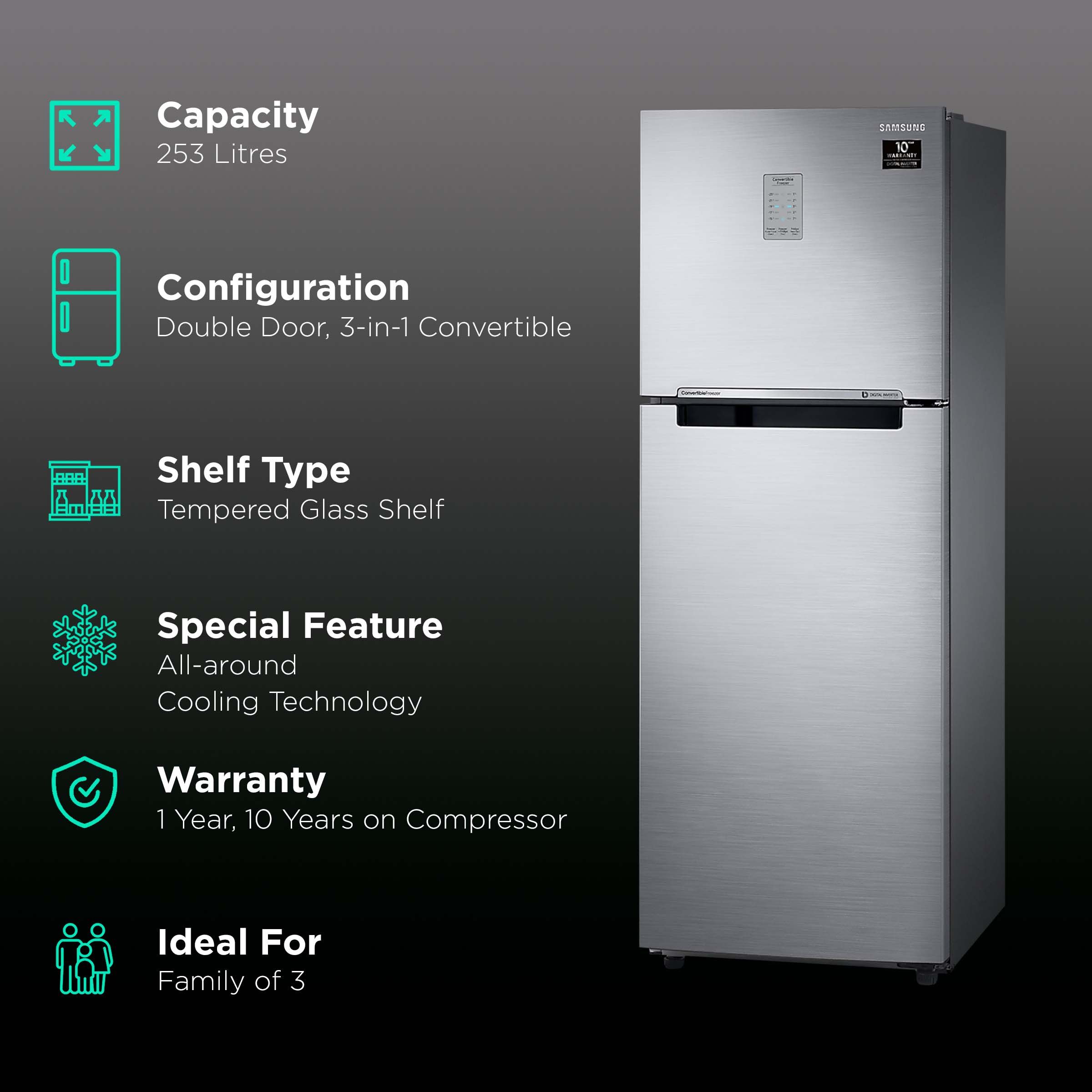 SAMSUNG 253 Litres 3 Star Frost Free Double Door Convertible Refrigerator with All-around Cooling Technology (RT28T3743S8/HL, Elegant Inox)_2