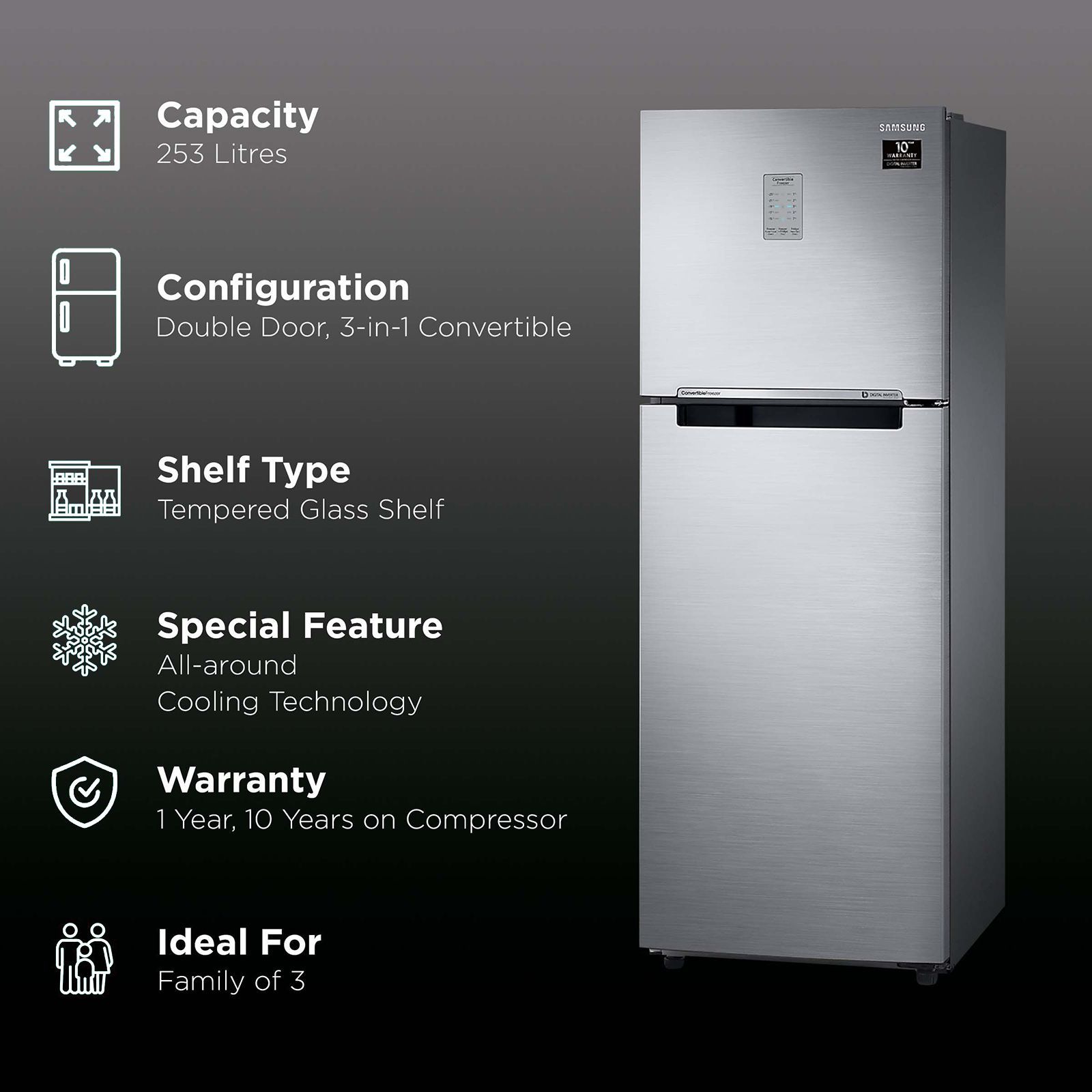 SAMSUNG 253 Litres 3 Star Frost Free Double Door Convertible Refrigerator with All-around Cooling Technology (RT28T3743S8/HL, Elegant Inox)_2