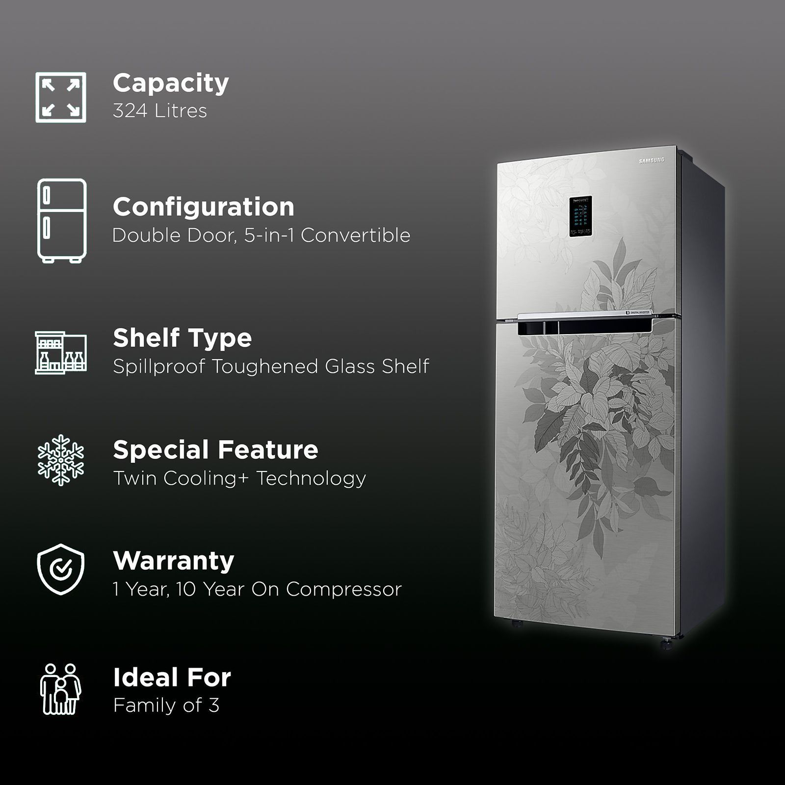 SAMSUNG 324 Litres 3 Star Frost Free Double Door Convertible Refrigerator with Door Alarm (RT34B4513QB/HL, Bouquet Silver)_2
