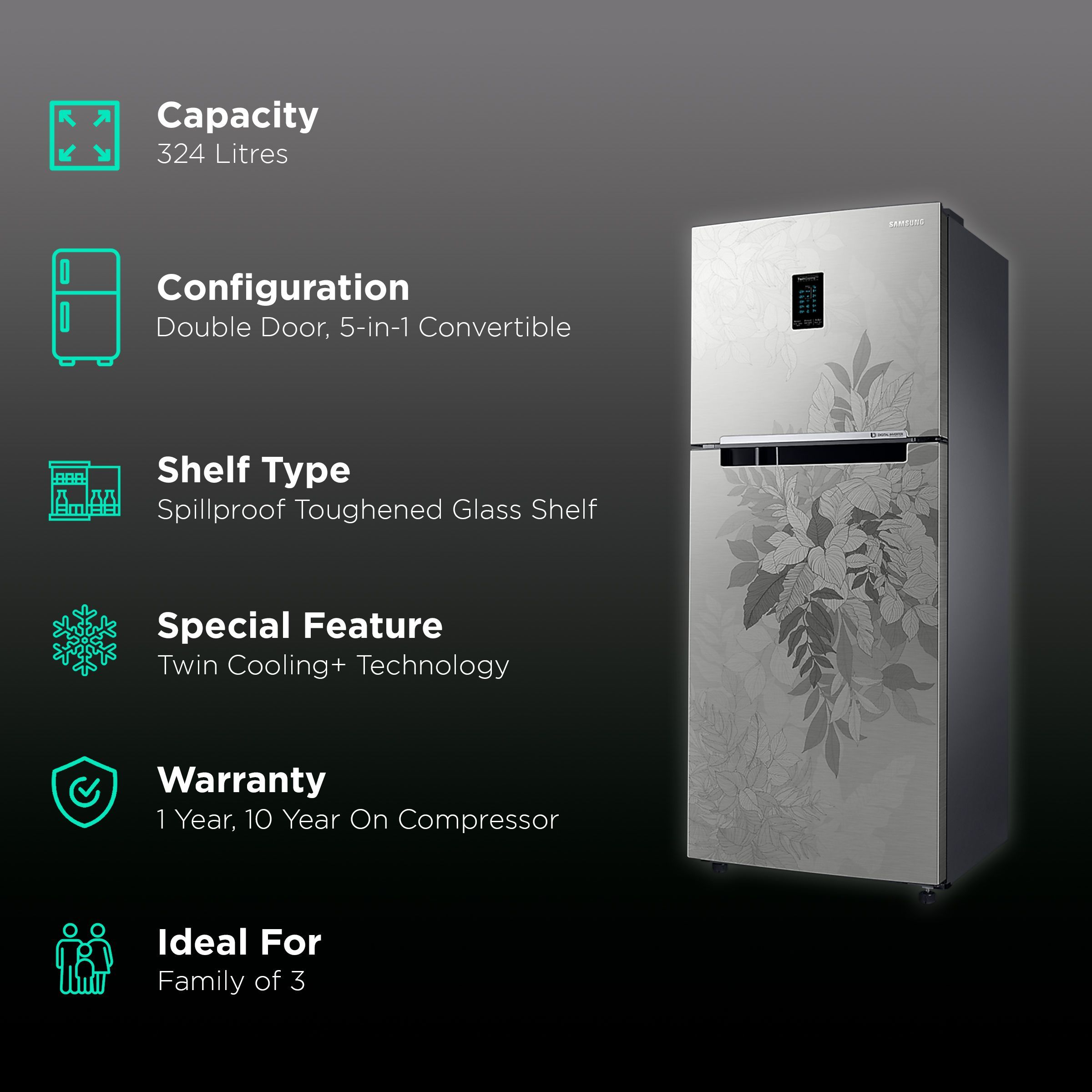 SAMSUNG 324 Litres 3 Star Frost Free Double Door Convertible Refrigerator with Door Alarm (RT34B4513QB/HL, Bouquet Silver)_2