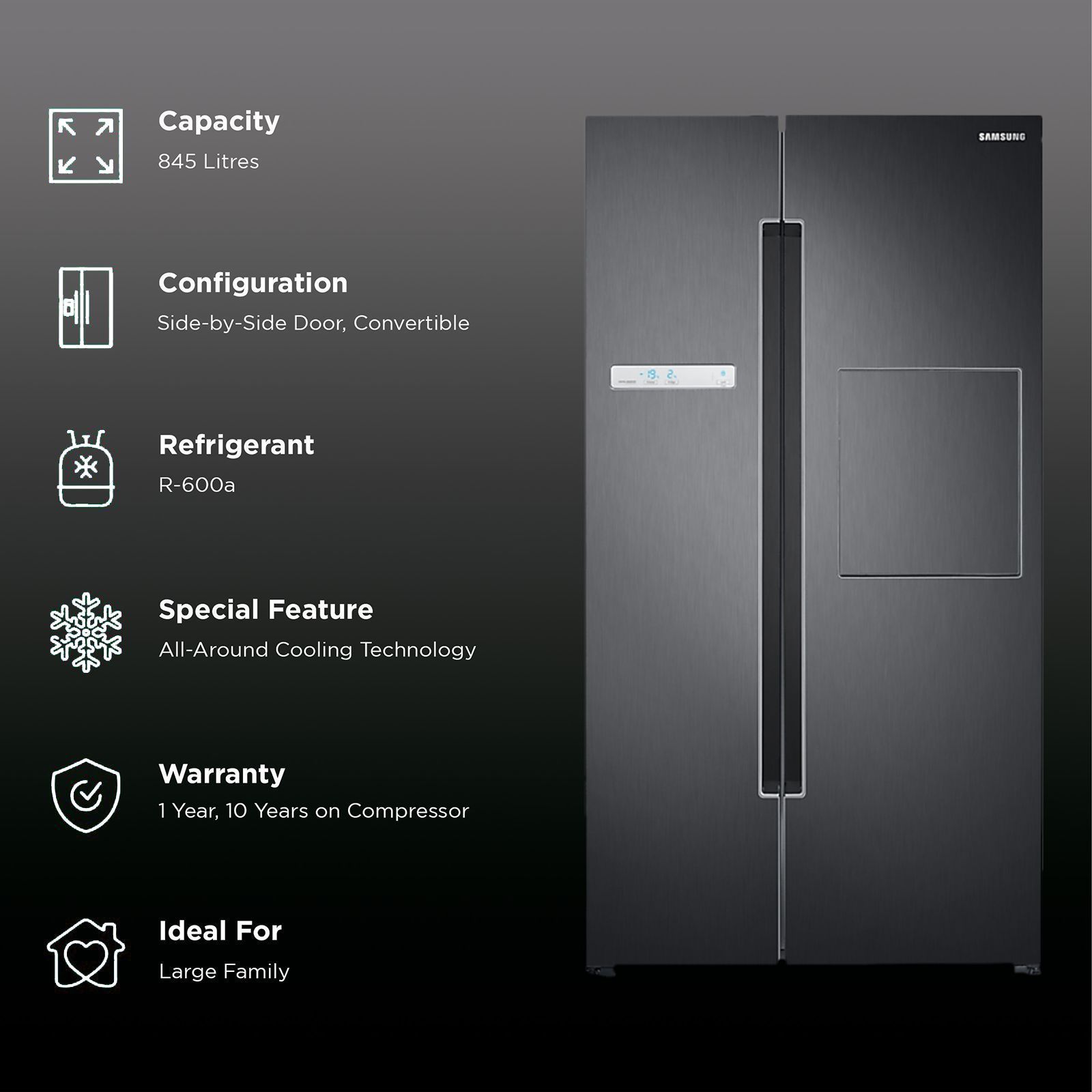 SAMSUNG 845 Litres Frost Free Side by Side Refrigerator with Multi Flow System (RS82A6000B1/TL, Black Matt (Doi))_2