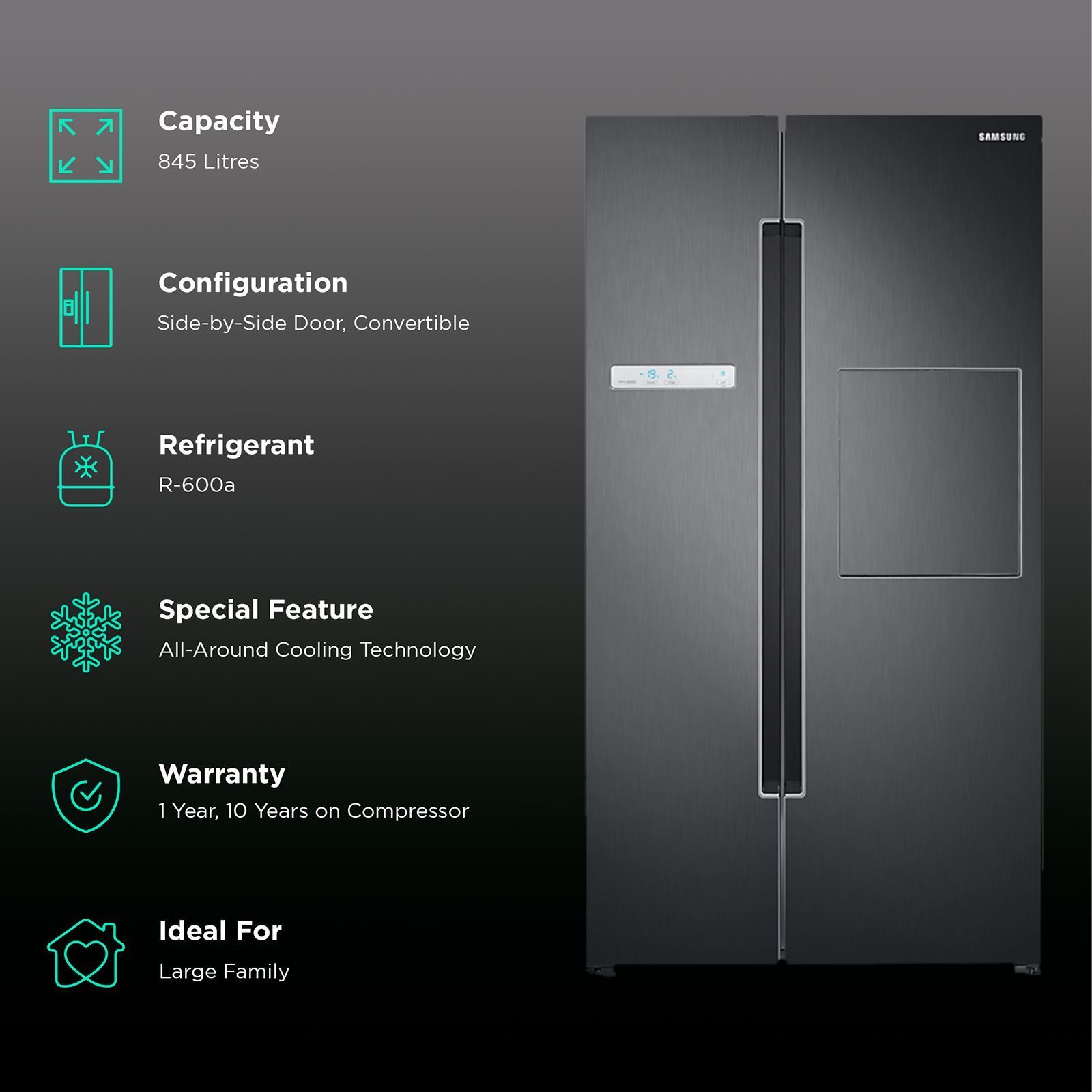 SAMSUNG 845 Litres Frost Free Side by Side Refrigerator with Multi Flow System (RS82A6000B1/TL, Black Matt (Doi))_2