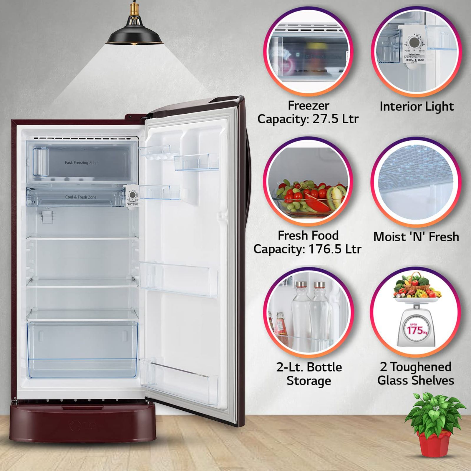 LG 204 Litres 5 Star Direct Cool Single Door Refrigerator with Anti Bacterial Gasket (GL-D211HSQZ, Scarlet Quartz) LG 204 Litres 5 Star Direct Cool Single Door Refrigerator with Anti Bacterial Gasket (GL-D211HSQZ, Scarlet Quartz)_15