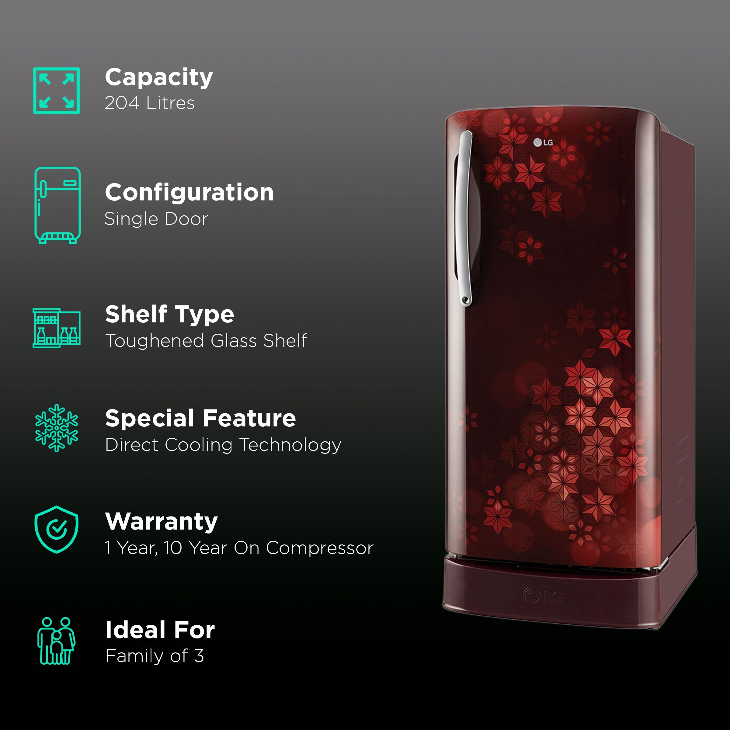 LG 204 Litres 5 Star Direct Cool Single Door Refrigerator with Anti Bacterial Gasket (GL-D211HSQZ, Scarlet Quartz) LG 204 Litres 5 Star Direct Cool Single Door Refrigerator with Anti Bacterial Gasket (GL-D211HSQZ, Scarlet Quartz)_2