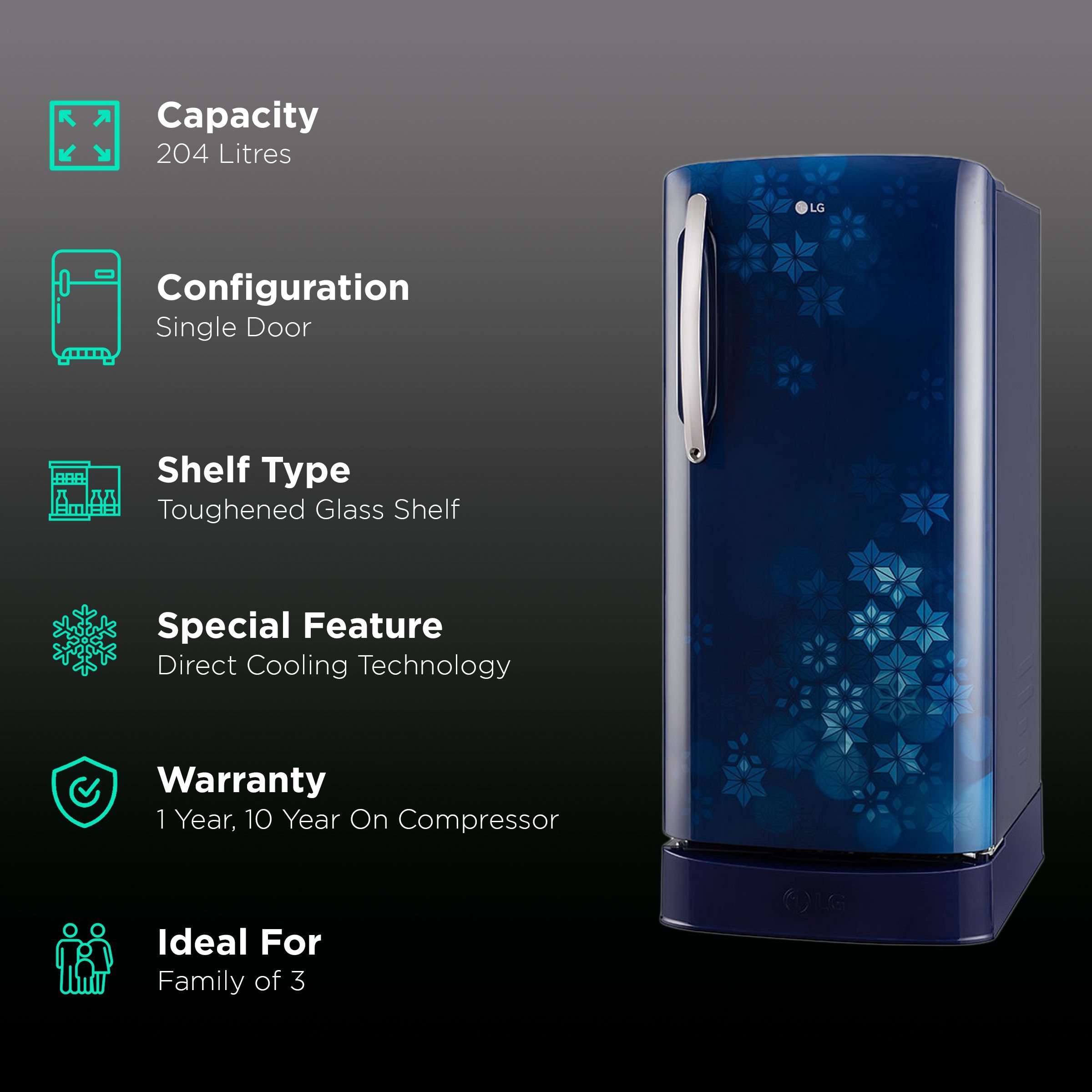 LG 204 Litres 5 Star Star Direct Cool Single Door Refrigerator with Antibacterial Gasket (GL-D211HBQZ, Blue Quartz)_2