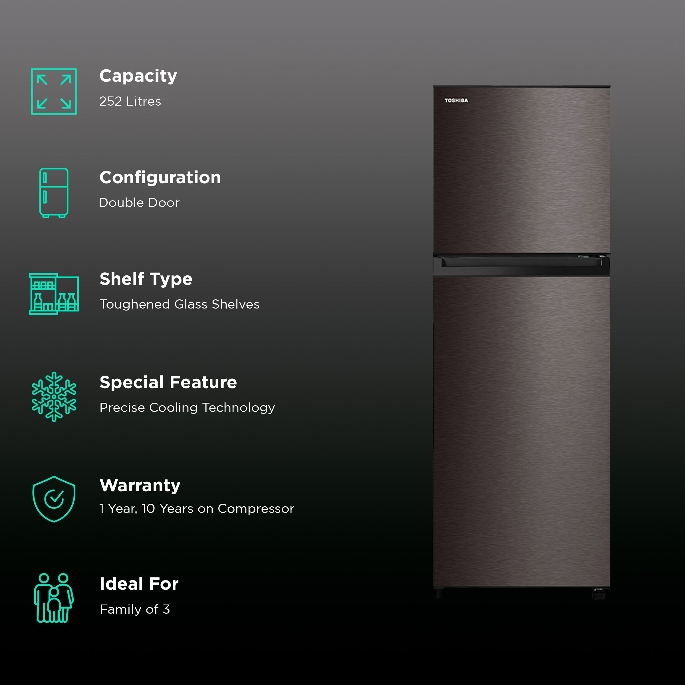 TOSHIBA 252 Litres 2 Star Frost Free Double Door Refrigerator with Cool Air Wrap System (GR-RT302WE-PMI(37), Satin Grey)_2