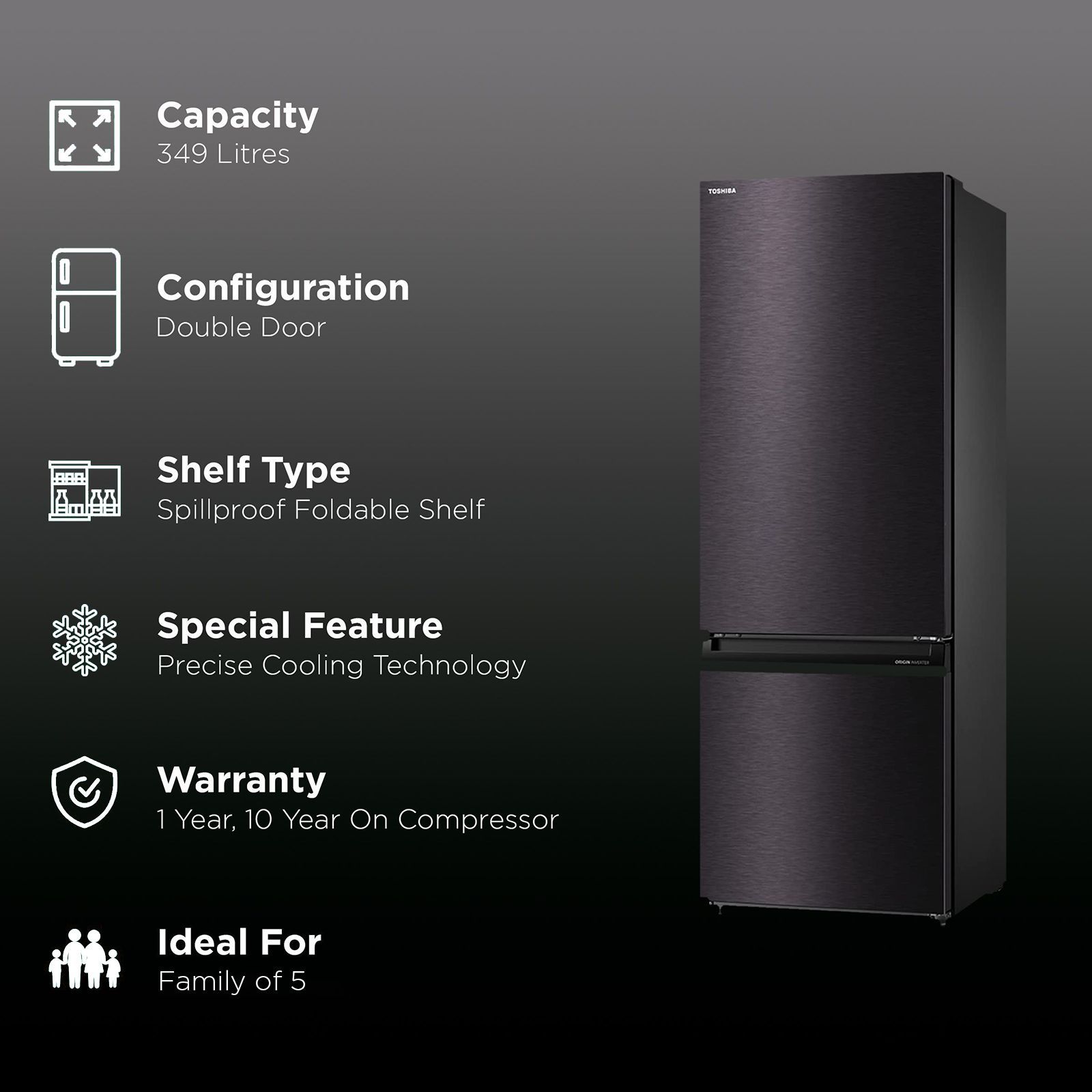 TOSHIBA 349 Litres 2 Star Frost Free Double Door Bottom Mount Refrigerator with Pure BIO Deodorizer (GR-RB423WE-PMI(37), Satin Grey)_2