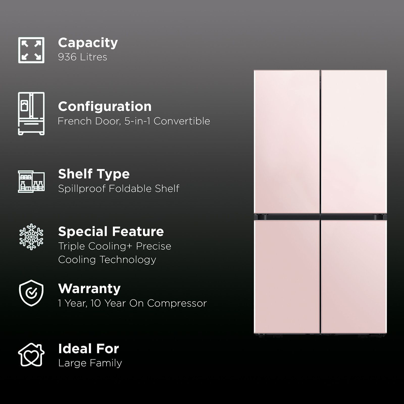 SAMSUNG Bespoke 936 Litres Frost Free French Door Smart Wi-Fi Enabled Refrigerator with Water Dispenser (RF90A92W3AP/TL, Glam Pink)_2