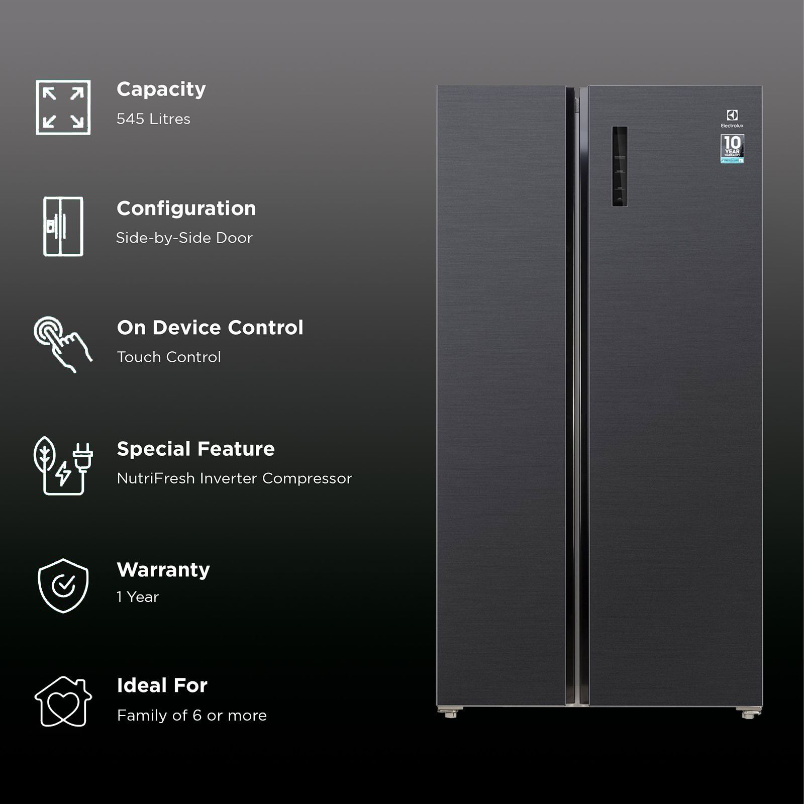 Electrolux UltimateTaste 700 545 Litres Frost Free Side by Side Refrigerator with NutriFresh Inverter Compressor (ESE5401-BIN. Matte Black Steel)_2