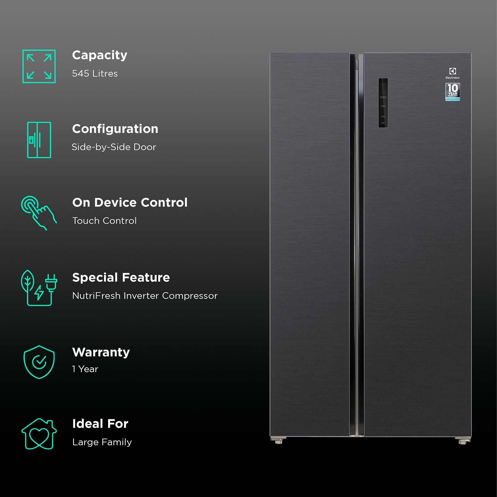 Electrolux UltimateTaste 700 545 Litres Frost Free Side by Side Refrigerator with NutriFresh Inverter Compressor (ESE5401-BIN. Matte Black Steel)_2