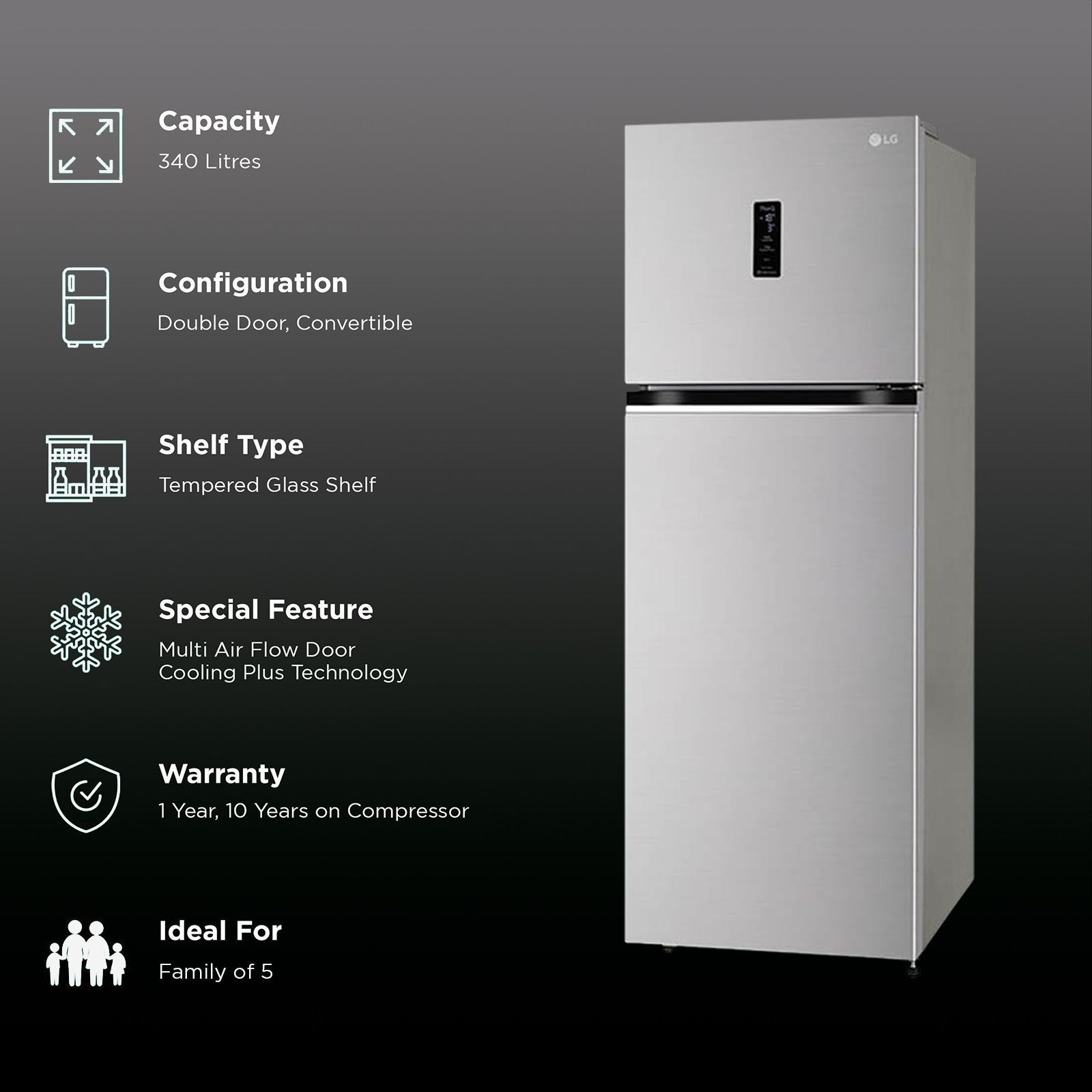 LG 322 Litres 2 Star Frost Free Double Door Convertible Refrigerator with Stabilizer Free Operation (GL-T342TPZY.APZZEBN, Shiny Steel) LG 322 Litres 2 Star Frost Free Double Door Convertible Refrigerator with Stabilizer Free Operation (GL-T342TPZY.APZZEBN, Shiny Steel)_2