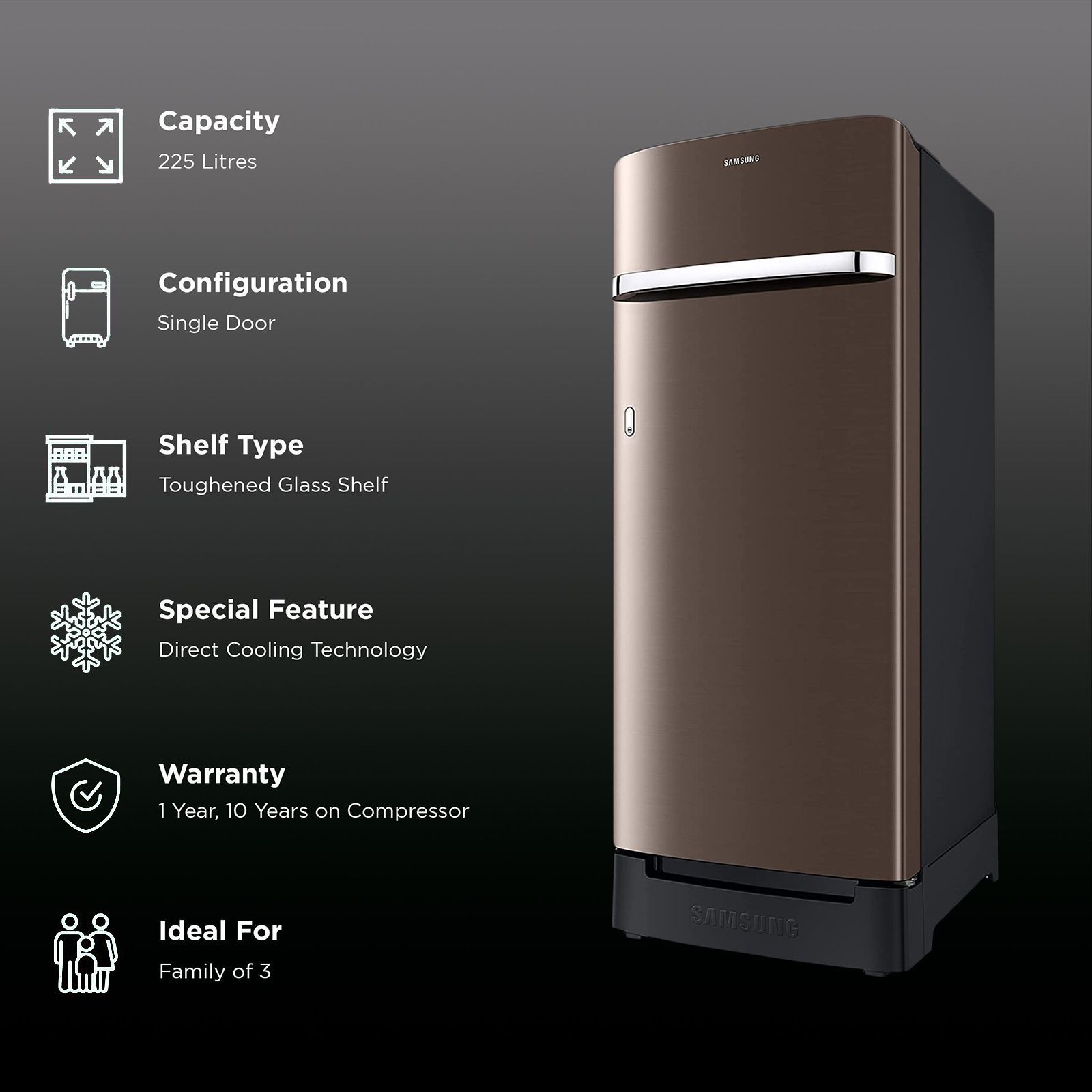SAMSUNG 225 Litres 4 Star Direct Cool Single Door Refrigerator with Antibacterial Gasket (RR23B2H2XDX/HL, Luxe Brown)_2
